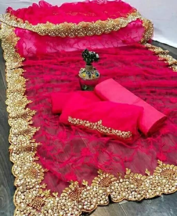 Today Deal Net Embroidered Saree With Unstitched Blouse Piece ( Rani ) Today Deal Net Embroidered Saree With Unstitched Blouse Piece ( Rani )