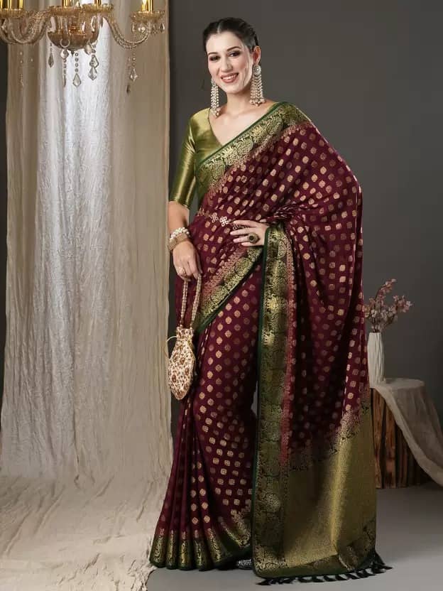 Today Deal Silk Woven Saree With Unstitched Blouse Piece ( Maroon ) - Sarees | Buy online on ZillyBuy