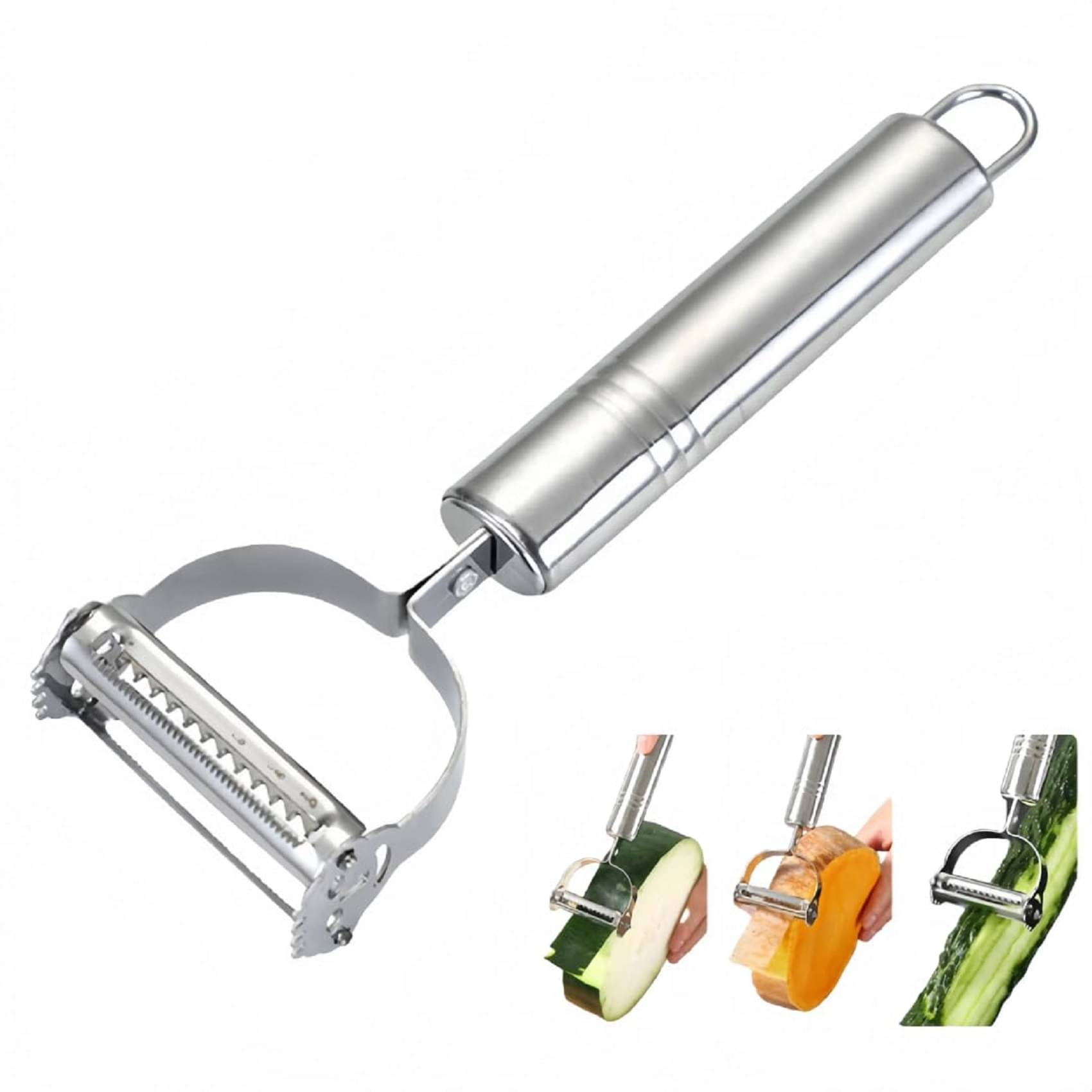     			VillWin 2-in-1 Stainless Steel Peeler and Julienne Slicer, Multi-Functional Vegetable Cutter for Salad, Fruit, Potato, Adjustable Veggie Shredder and Kitchen