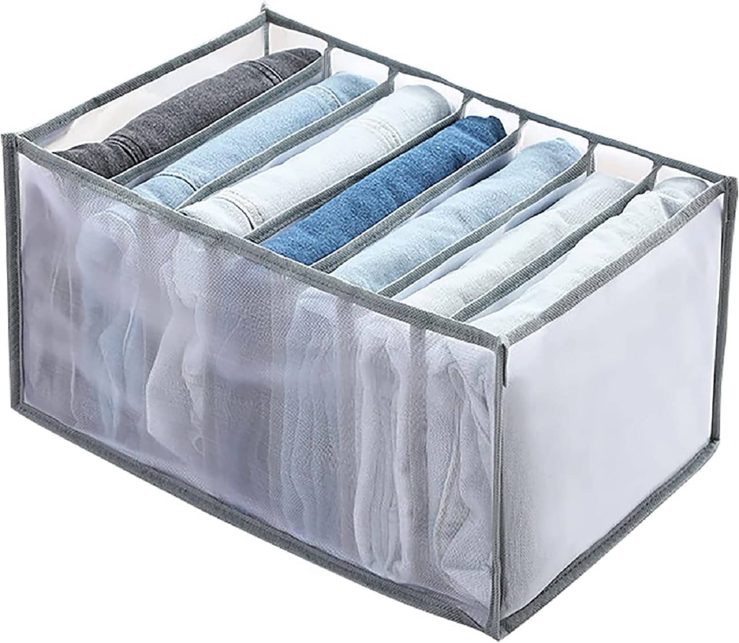     			Wardrobe Clothes Organizer with 7 Grids, Folding Mesh Storage Box for Jeans, T-shirts & More, Washable Closet Drawer Separator for Bedroom Organization