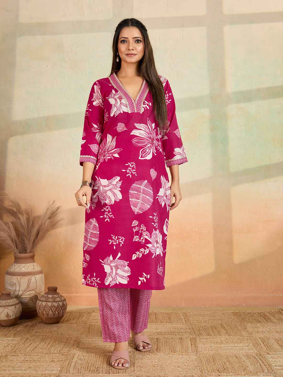 Women Basket Women Cotton Printed Straight Kurti With Pants ( Pink ) Women Basket Women Cotton Printed Straight Kurti With Pants ( Pink )