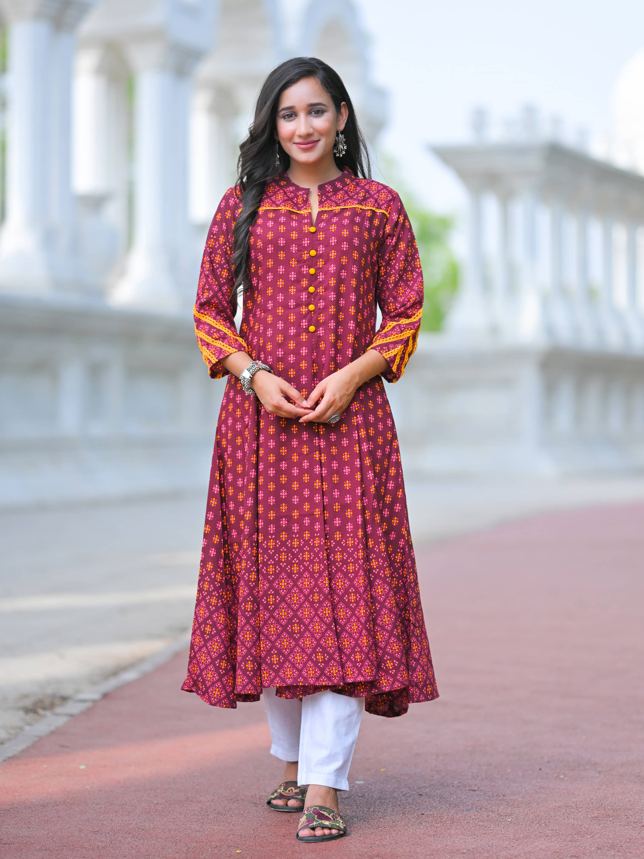 Yash Gallery Women Rayon Printed Anarkali Kurti ( Wine ) - Kurtis, Tunics | Buy online on ZillyBuy