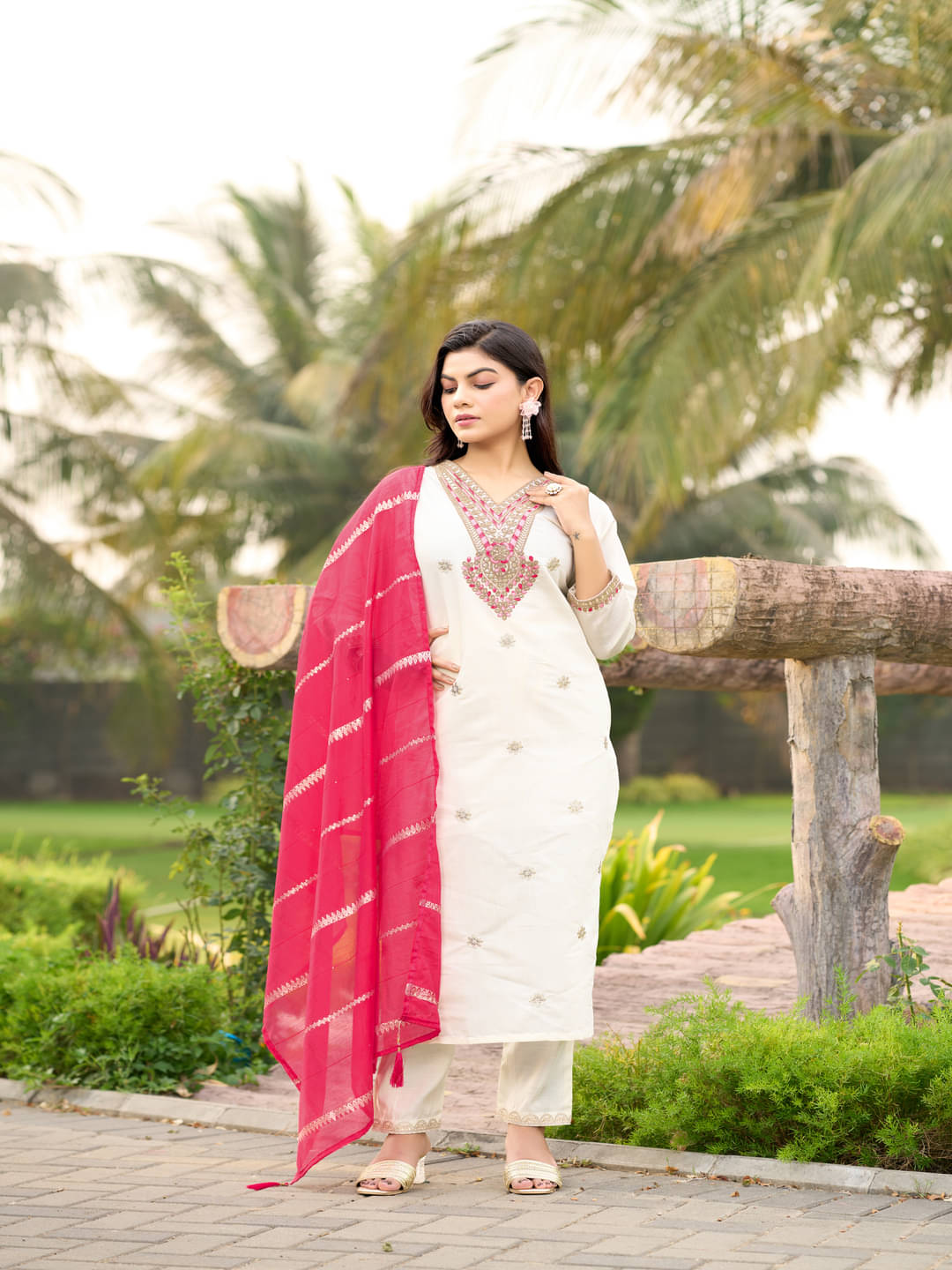     			gufrina Women Silk Blend Embroidered A-line Kurti With Harems Pants ( White )
