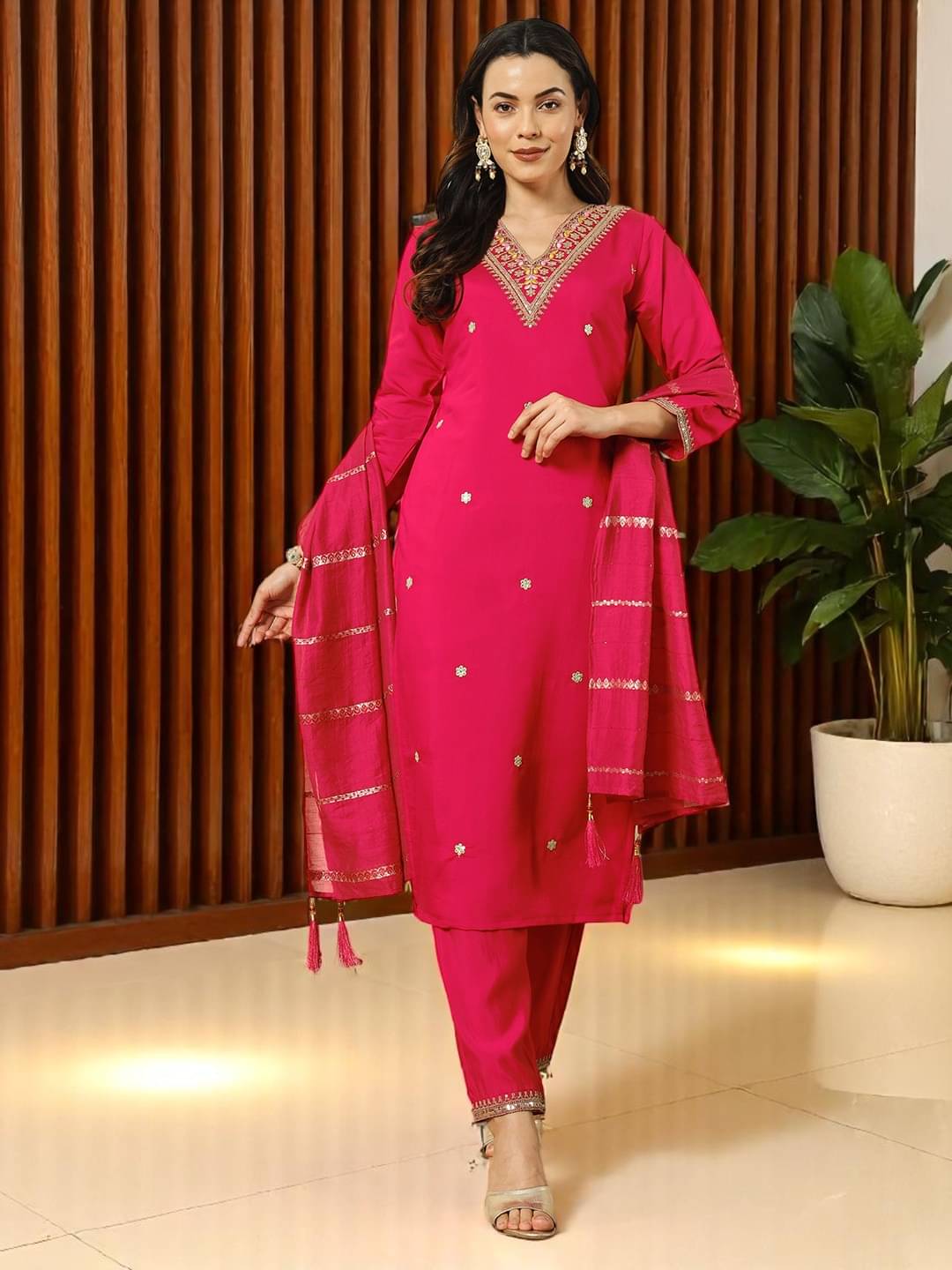     			gufrina Women Silk Blend Embroidered A-line Kurti With Pants ( Pink )
