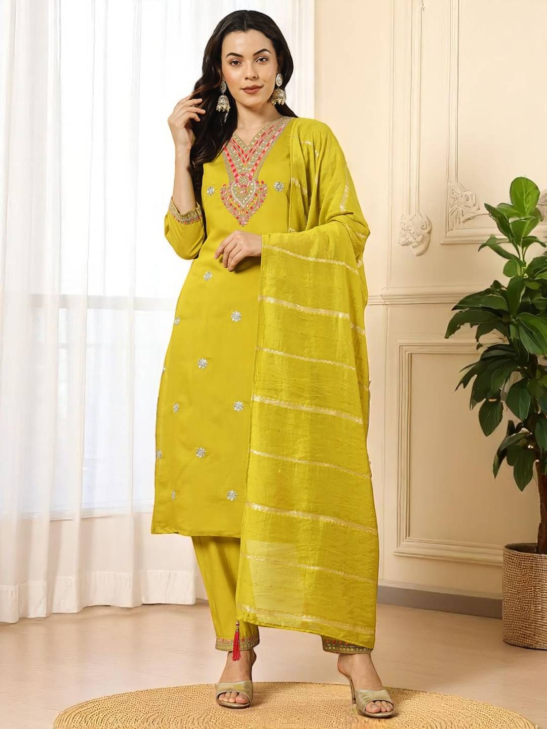     			gufrina Women Silk Blend Embroidered A-line Kurti With Pants ( Yellow )