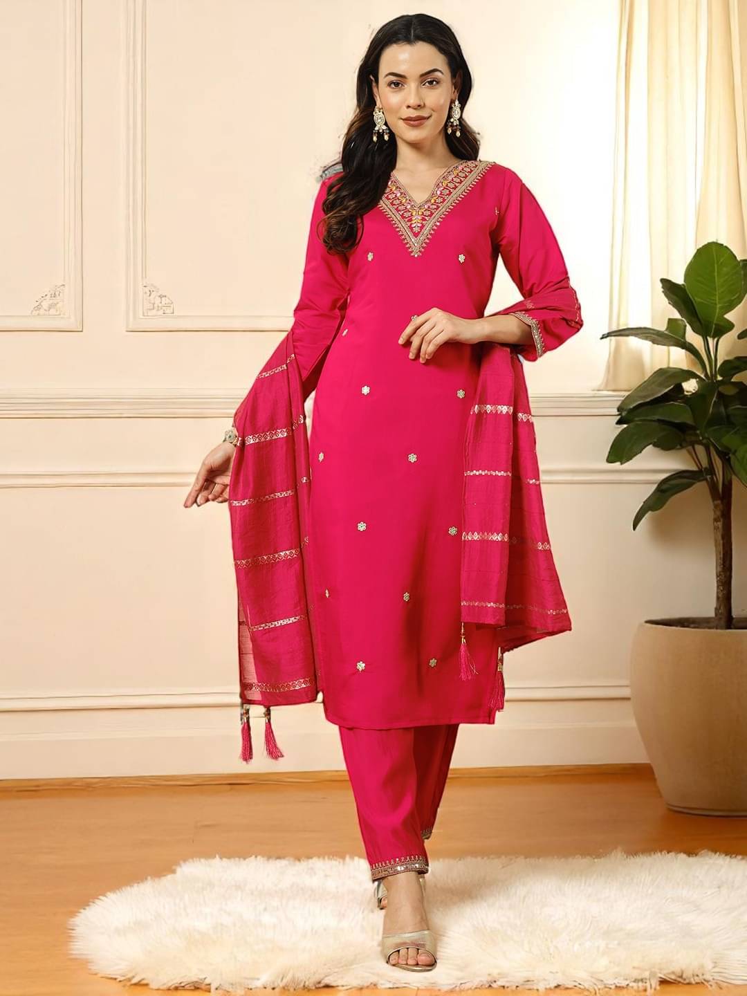    			gufrina Women Silk Blend Embroidered A-line Kurti With Pants ( Pink )