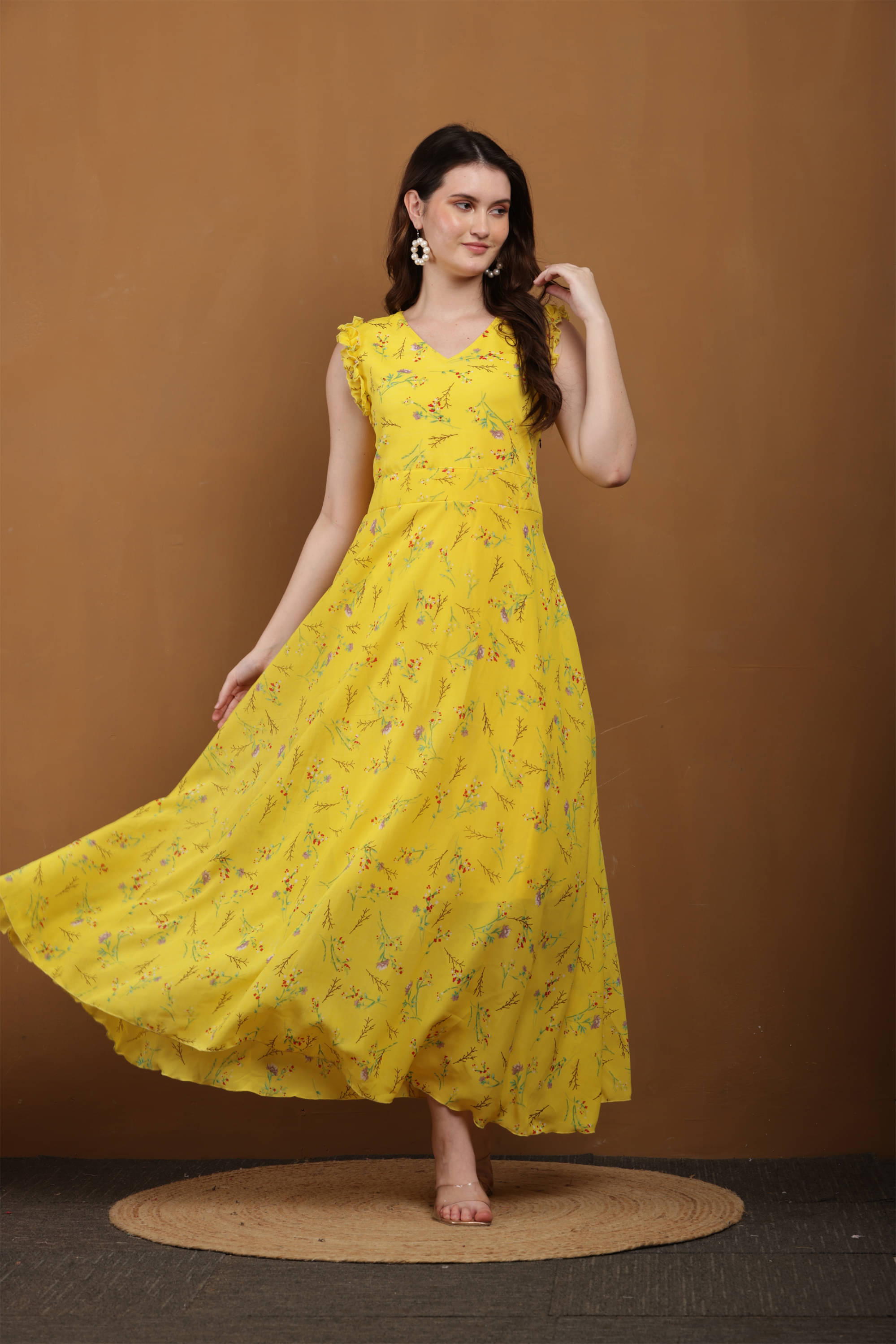 vivient Women Georgette Printed Fit & Flare Dress ( Yellow ) vivient Women Georgette Printed Fit & Flare Dress ( Yellow )