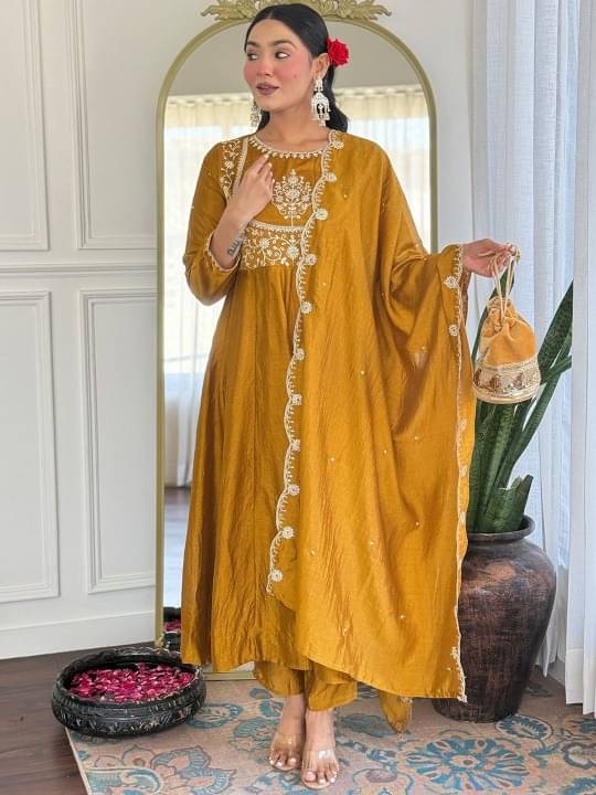     			AMAR VSTRA Women Cotton Silk Embroidered Anarkali Kurti With Palazzo ( Yellow )