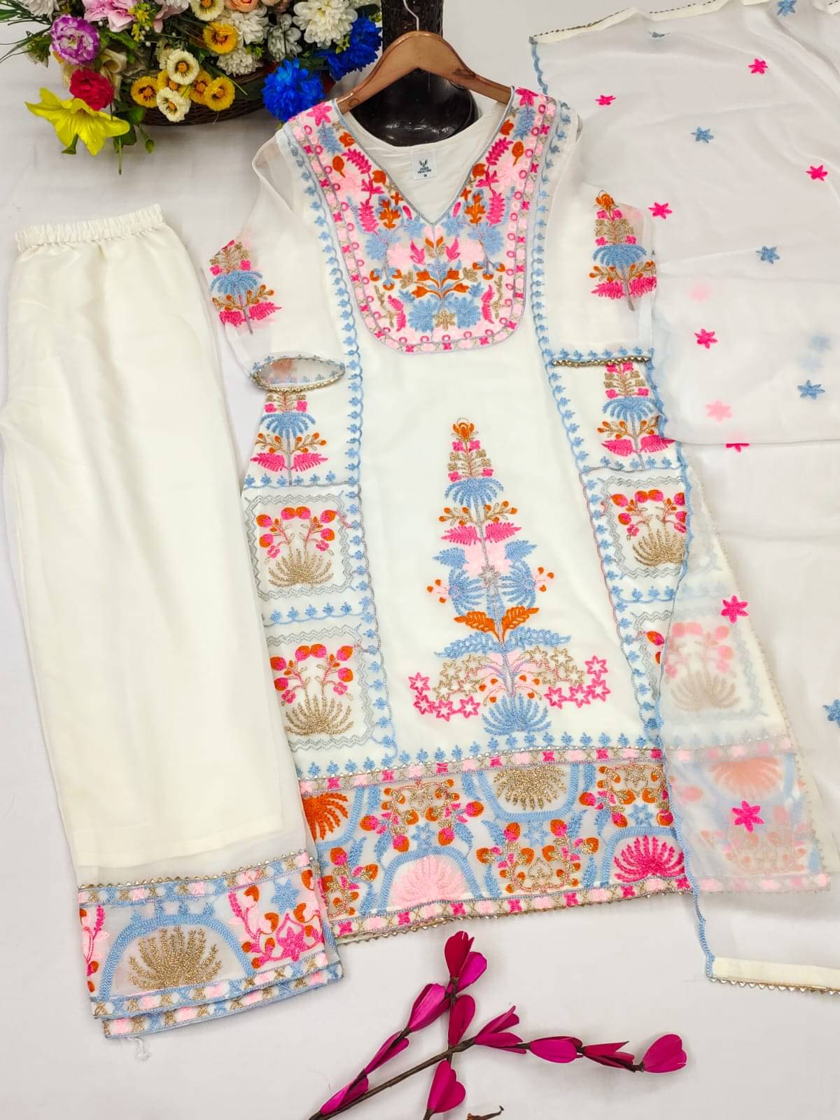     			AMAR VSTRA Women Georgette Embroidered A-line Kurti With Palazzo ( White )