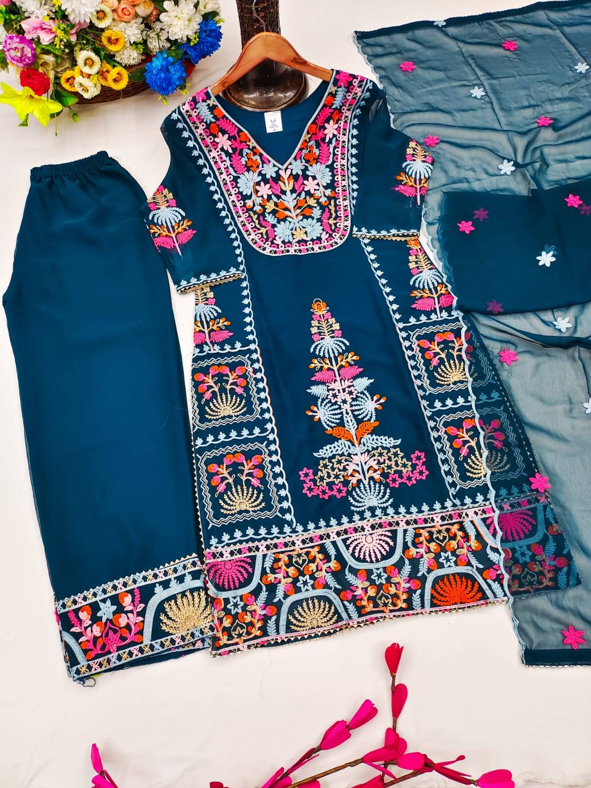     			AMAR VSTRA Women Georgette Embroidered A-line Kurti With Palazzo ( Blue )