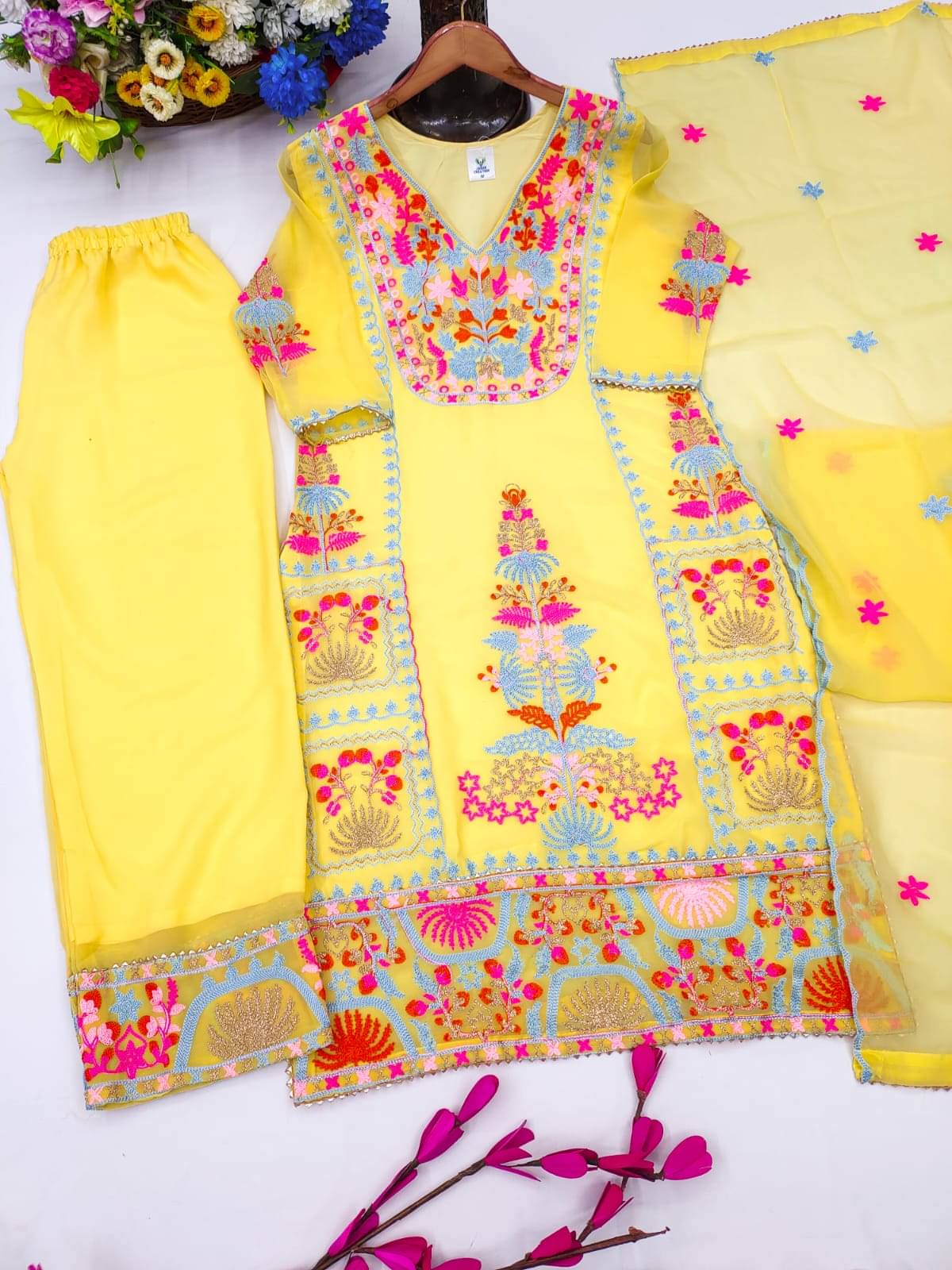     			AMAR VSTRA Women Georgette Embroidered A-line Kurti With Palazzo ( Yellow )