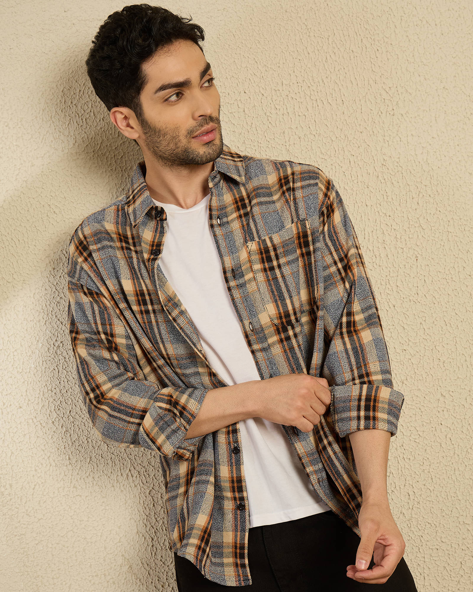     			Chimpaaanzee Cotton Blend Oversized Fit Checks Full Sleeves Men's Casual Shirt - Grey ( Pack of 1 )