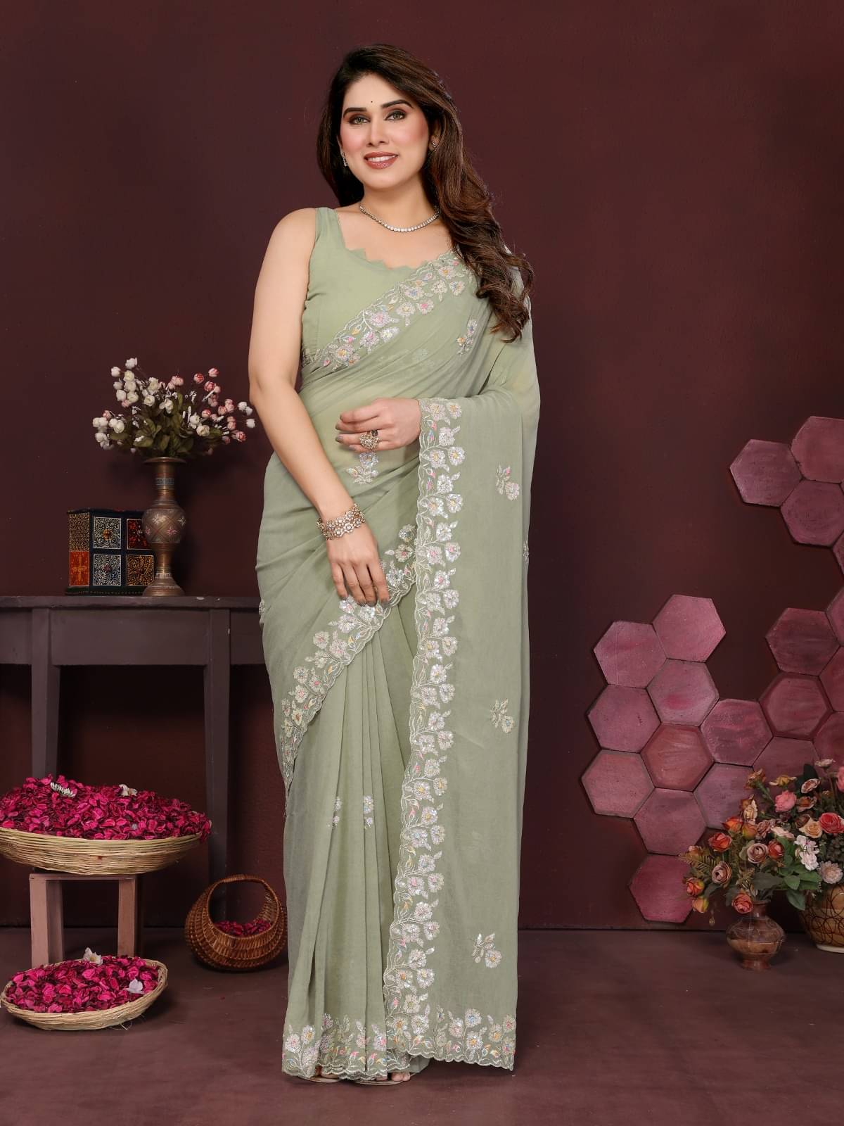     			DIKONA DESIGNER Georgette Embroidered Kashmiri Kani Saree With Unstitched Blouse Piece ( Light Green )