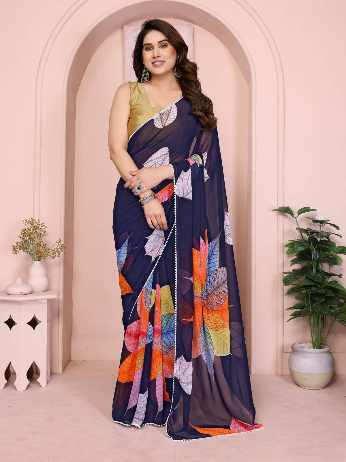     			DIKONA DESIGNER Georgette Printed Kashmiri Kani Saree With Unstitched Blouse Piece ( Blue )