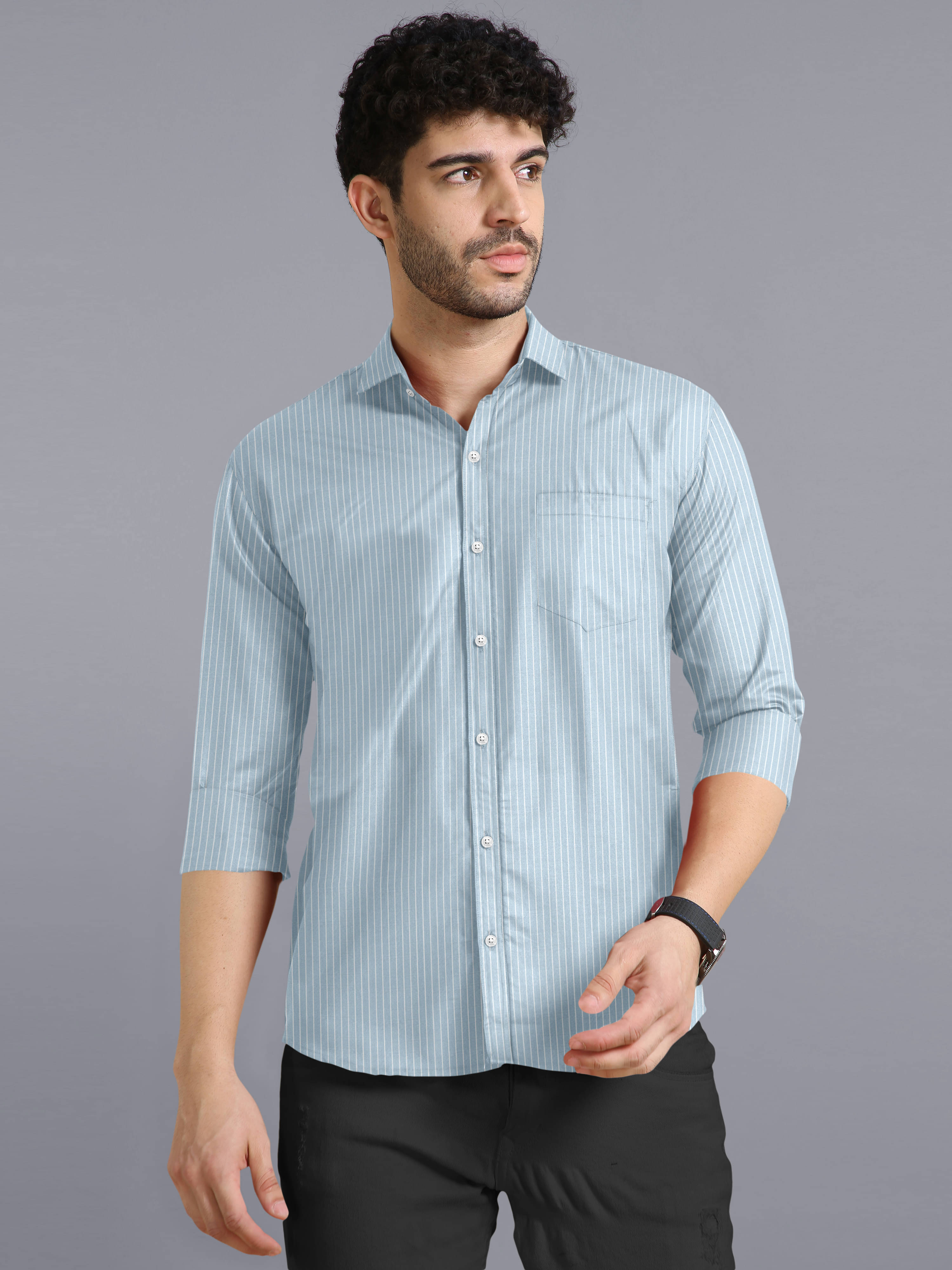 Ethnic Trendz Cotton Blend Regular Fit Striped Full Sleeves Men's Casual Shirt - Light Blue ( Pack of 1 ) Ethnic Trendz Cotton Blend Regular Fit Striped Full Sleeves Men's Casual Shirt - Light Blue ( Pack of 1 )