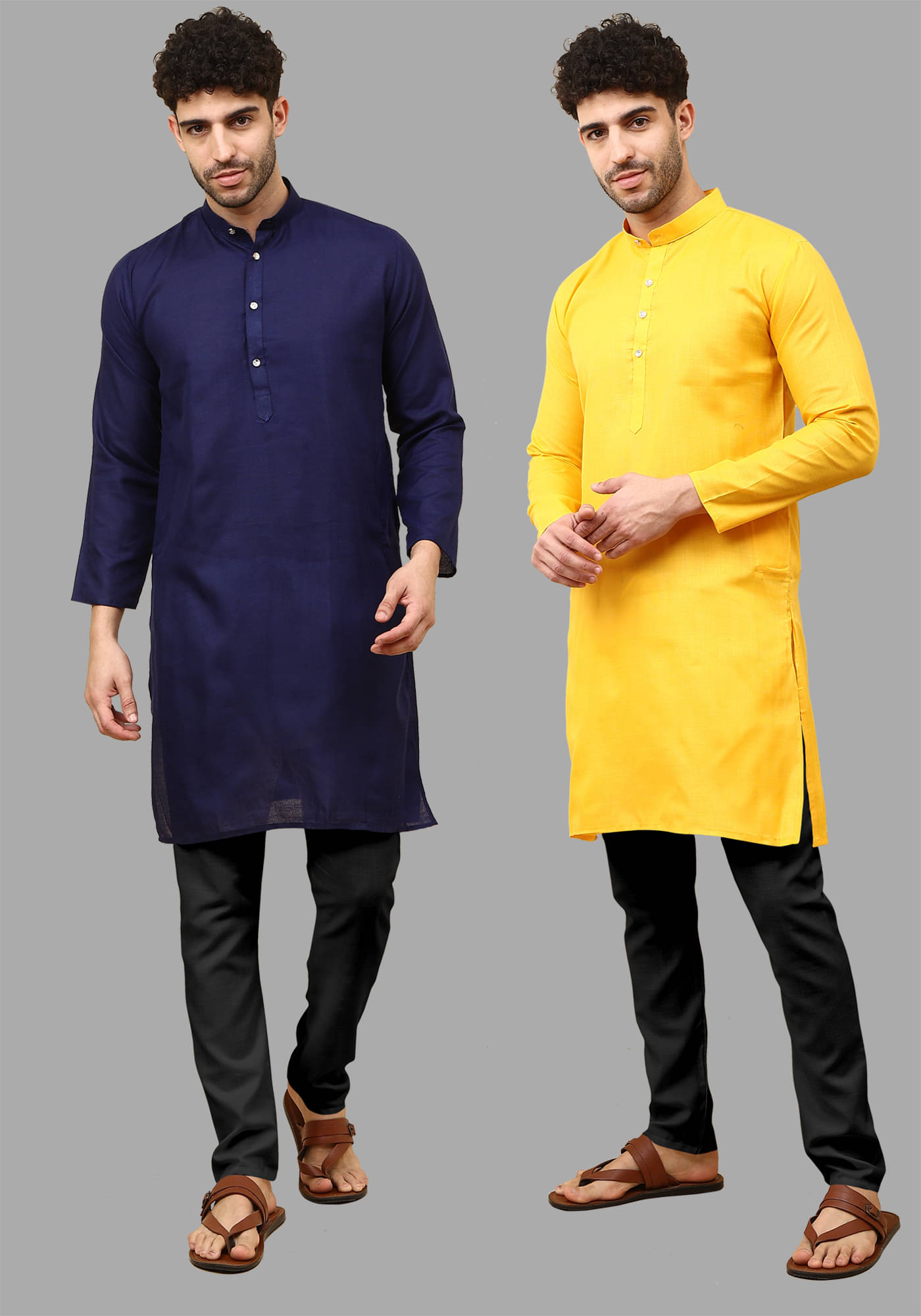     			Fashionfricks Mustard Cotton Blend Regular Fit Men's Kurta Pyjama Set ( Pack of 2 )