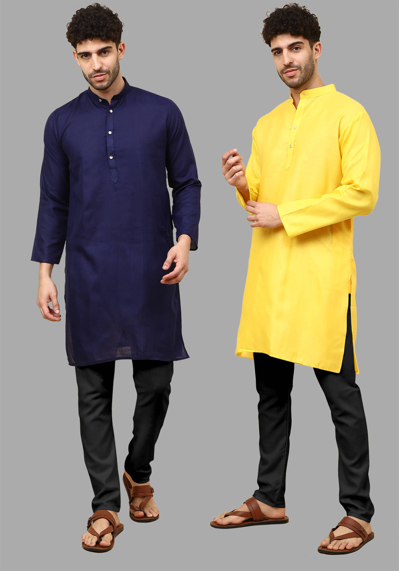 Fashionfricks Yellow Cotton Blend Regular Fit Men's Kurta Pyjama Set ( Pack of 2 )     			Fashionfricks Yellow Cotton Blend Regular Fit Men's Kurta Pyjama Set ( Pack of 2 )