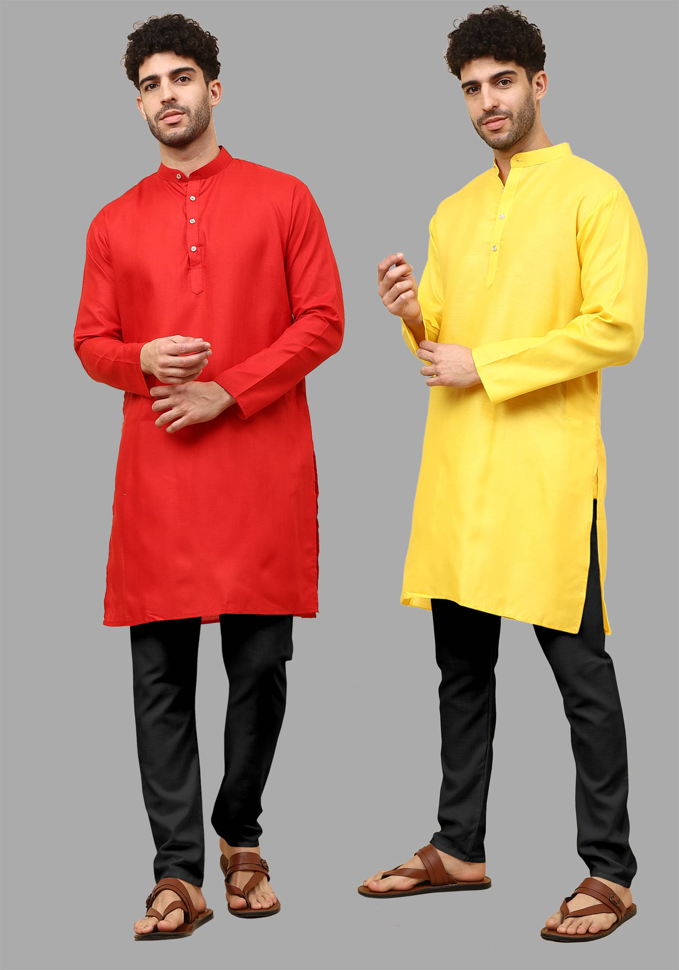     			Fashionfricks Yellow Cotton Blend Regular Fit Men's Kurta Pyjama Set ( Pack of 2 )