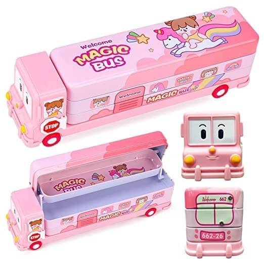     			Freedy Bus Pencil Geometry Box Stationery Moving Tyres & Sharpener School RANDOM DESIGN Bus Truck Art Metal Pencil Box  (Set of 1, Pink, Multicolor, )