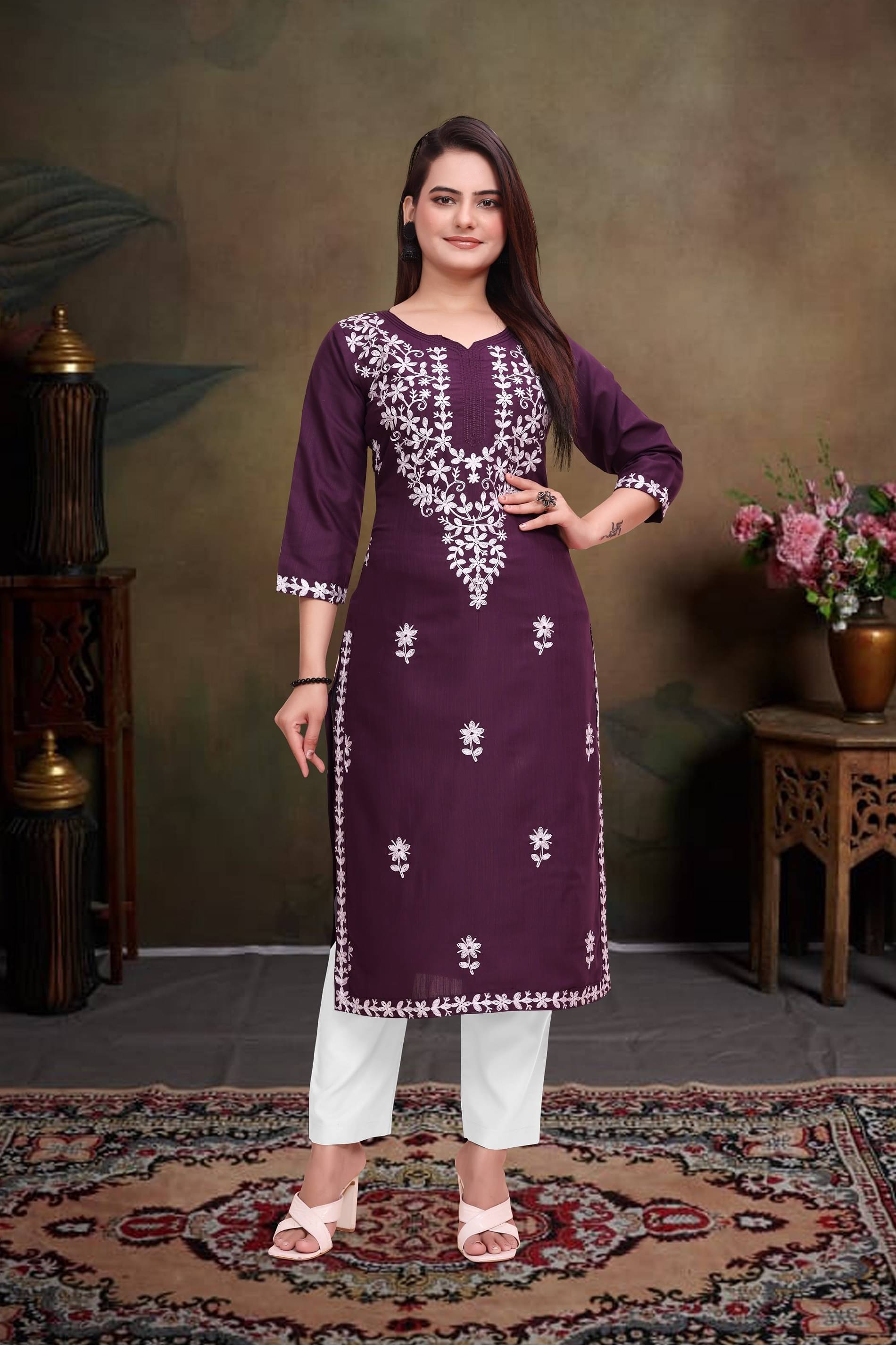     			HIFLI Women Rayon Embroidered Straight Kurti ( Wine )