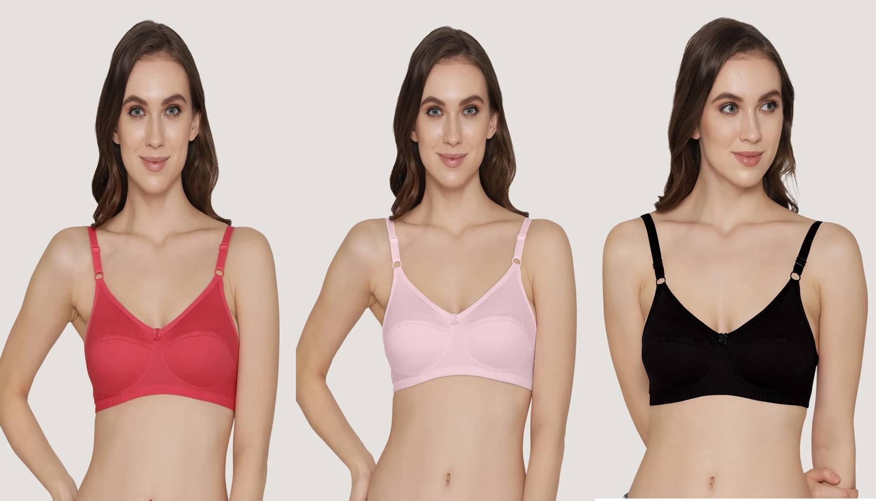     			Ishant Pack of 3 Cotton Non Padded Everyday Bra For Women ( Pink,Red,Black )