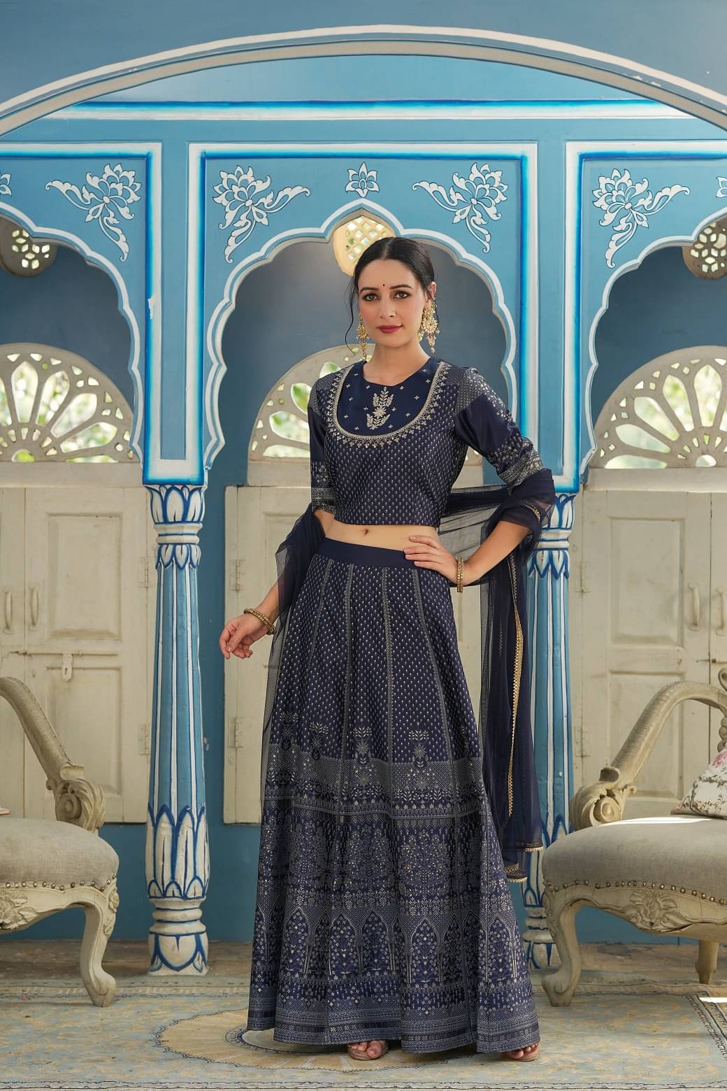     			Juniper Navy Satin Straight Stitched Lehenga Single