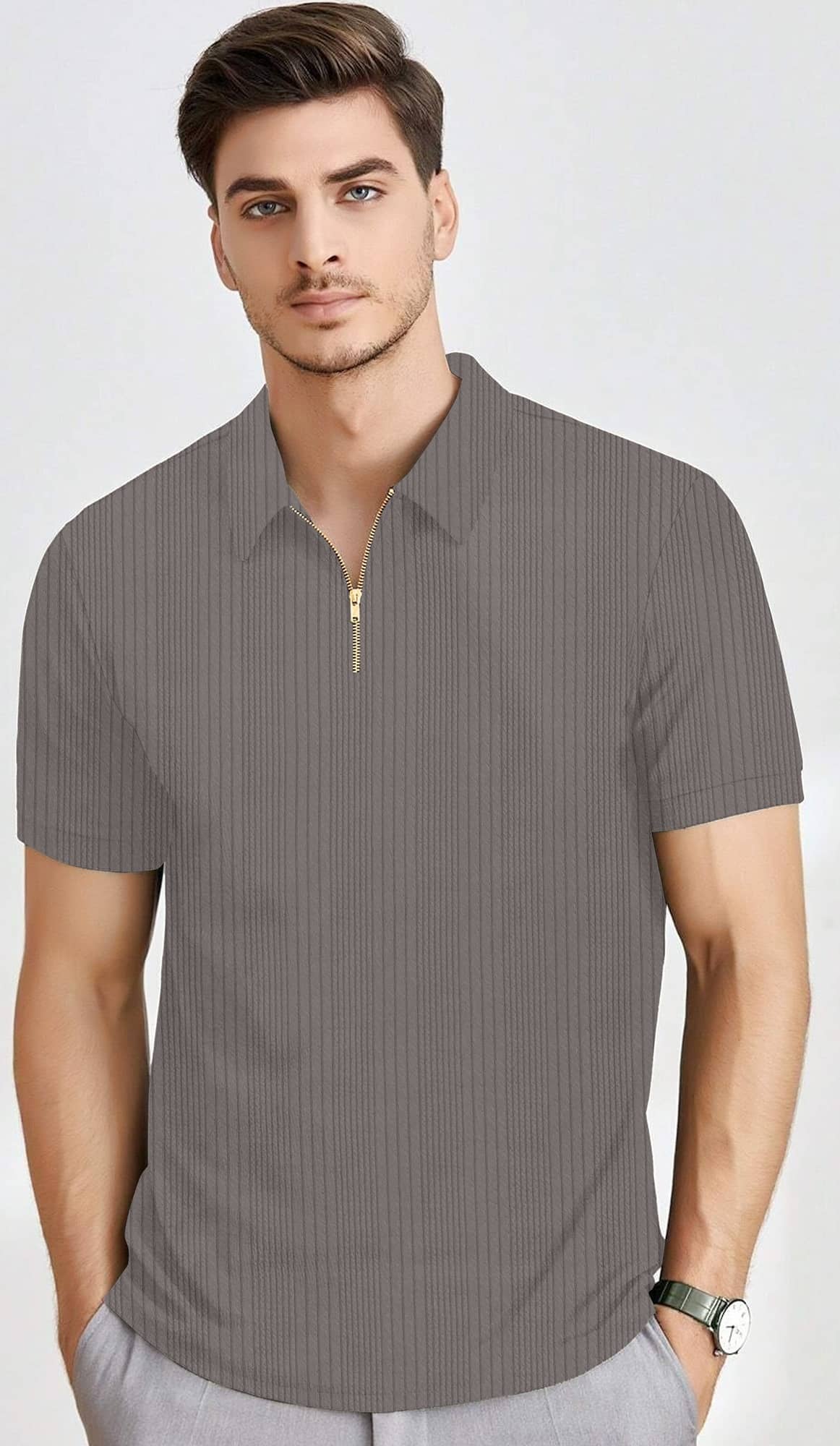 KAJARU Men Polyester Regular Fit Striped Polo T Shirt ( Grey )