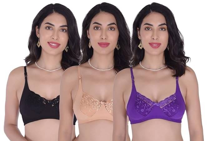     			Kiran Enterprises Pack of 3 Net Non Padded Everyday Bra For Women ( Black,Gold,Purple )