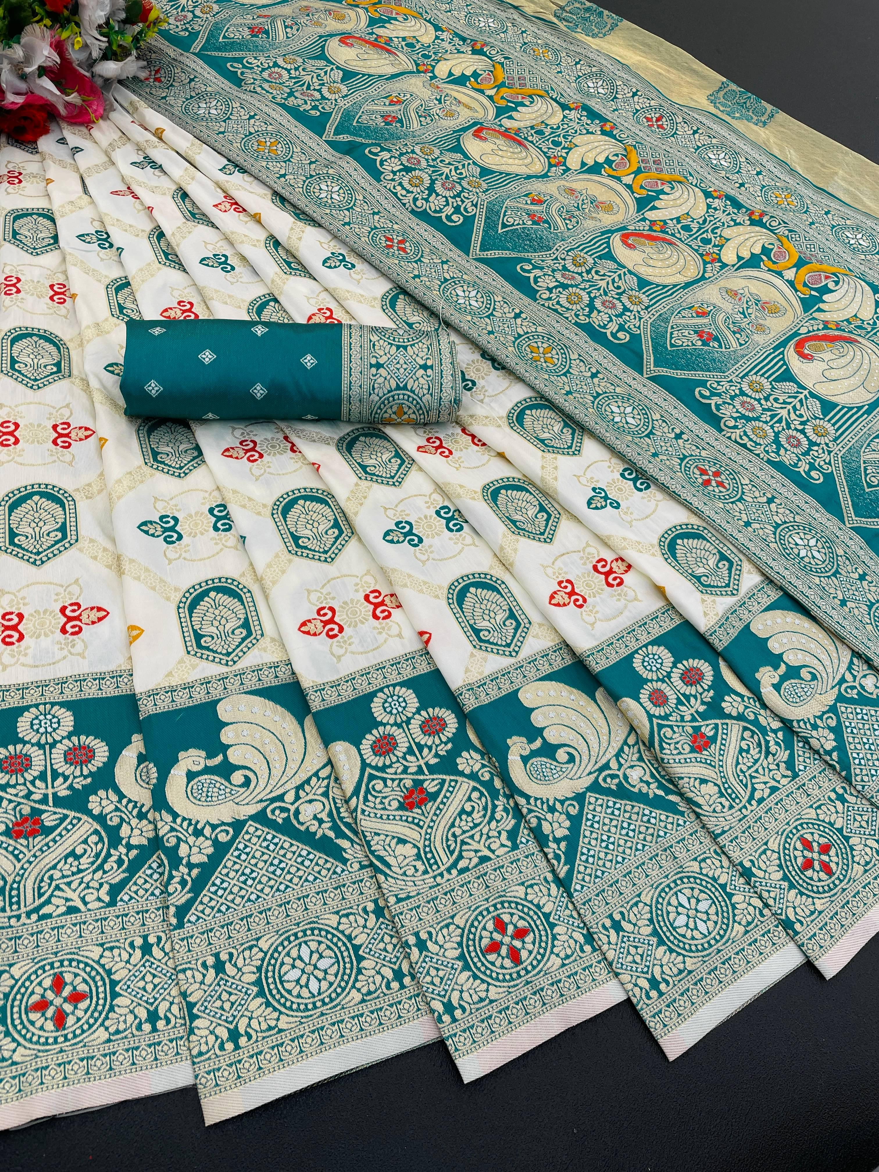 SHIRODHARI Silk Blend Printed Ilkal Saree With Unstitched Blouse Piece ( Teal )     			SHIRODHARI Silk Blend Printed Ilkal Saree With Unstitched Blouse Piece ( Teal )