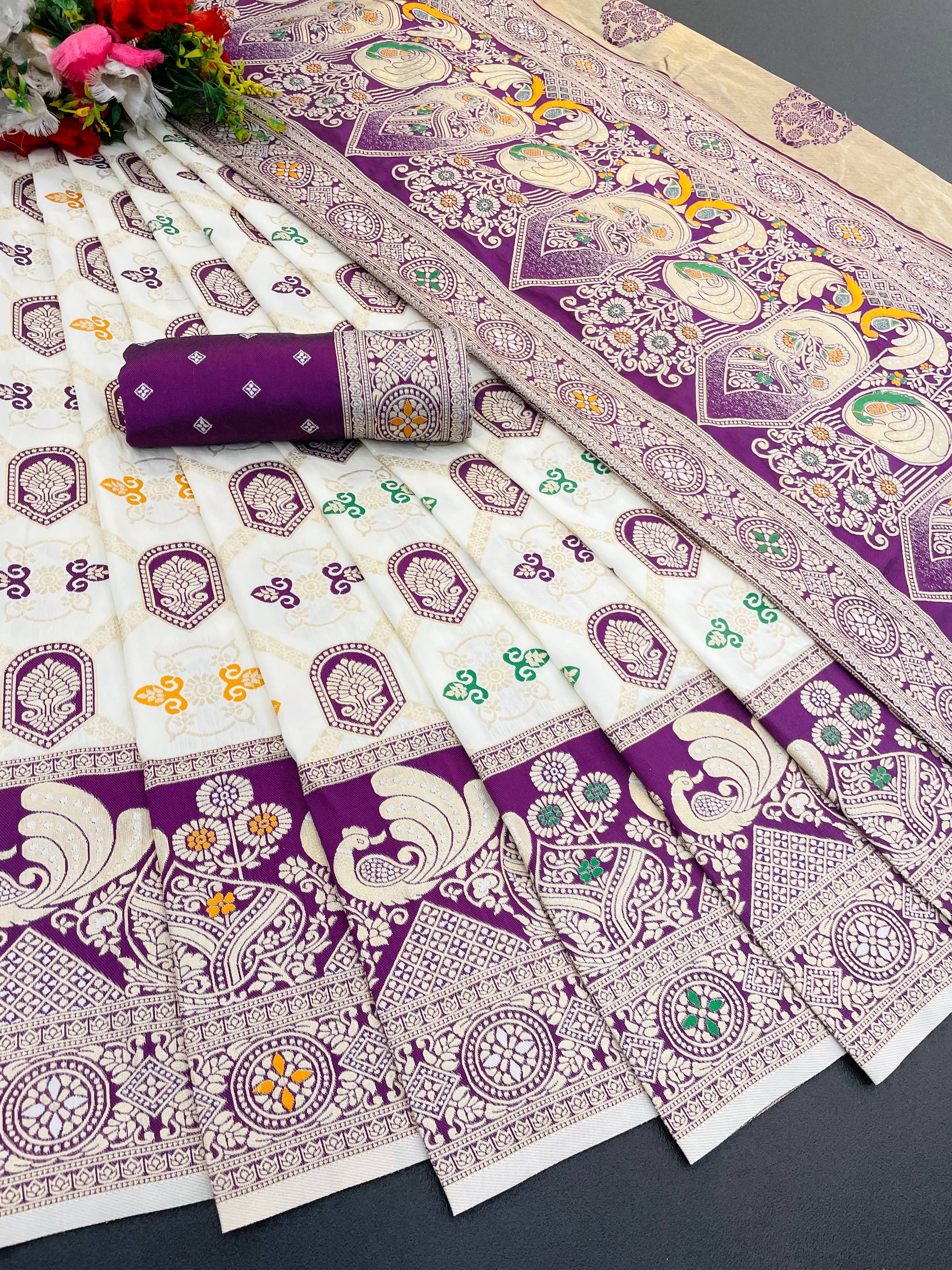 SHIRODHARI Silk Blend Printed Ilkal Saree With Unstitched Blouse Piece ( Purple ) SHIRODHARI Silk Blend Printed Ilkal Saree With Unstitched Blouse Piece ( Purple )