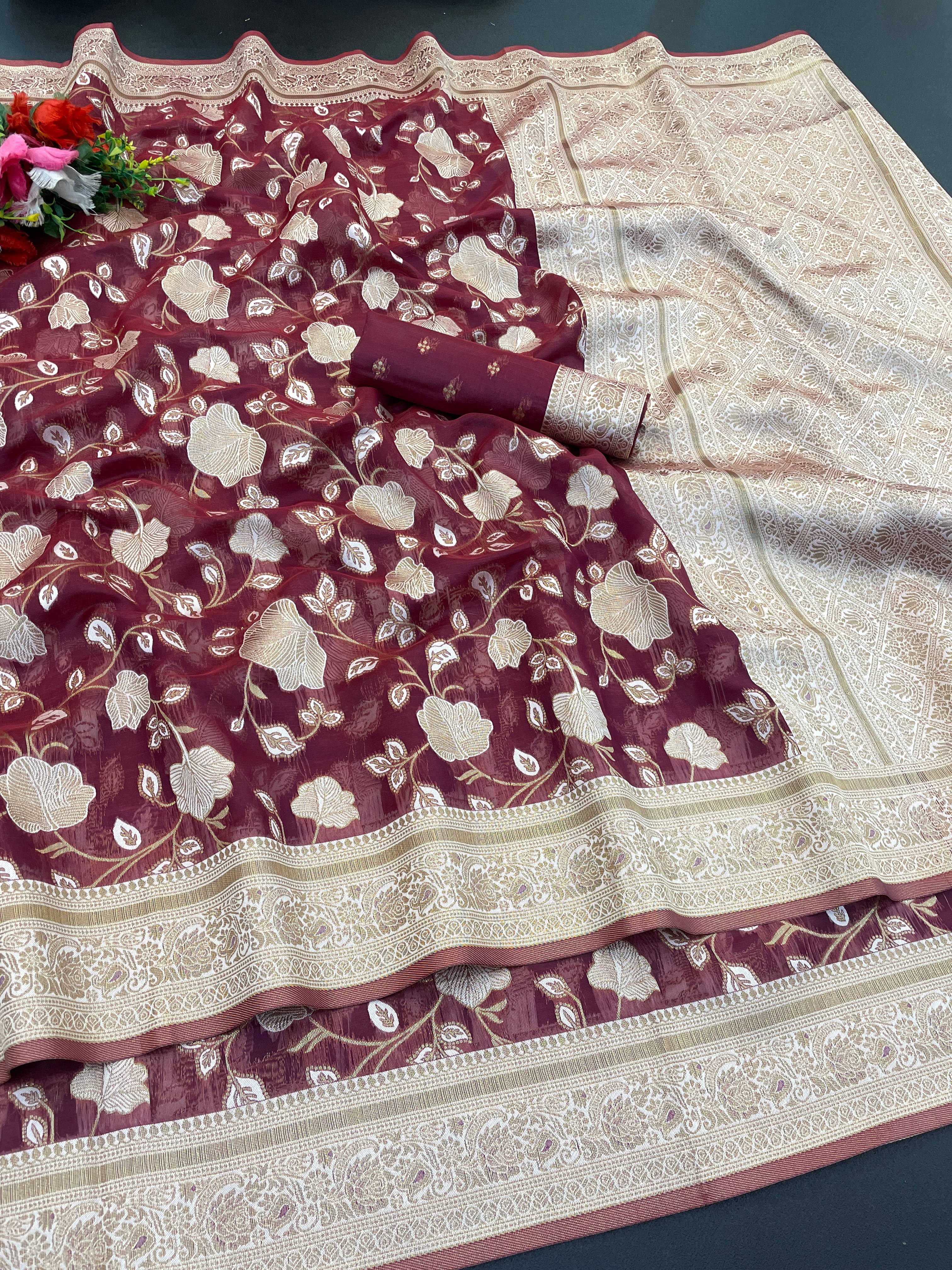 SHIRODHARI Tissue Solid Saree With Unstitched Blouse Piece ( Maroon ) SHIRODHARI Tissue Solid Saree With Unstitched Blouse Piece ( Maroon )