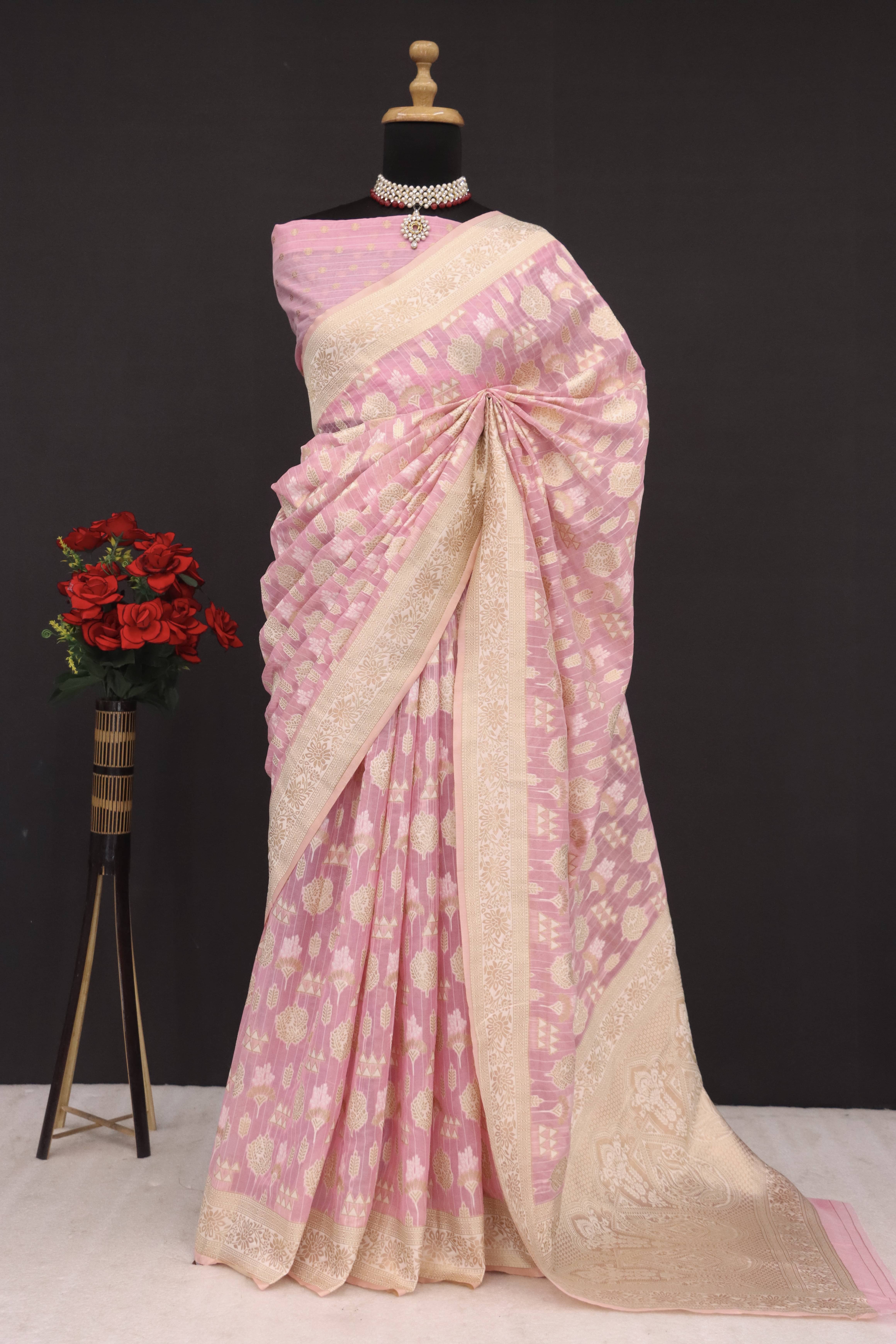     			SHIRODHARI Tissue Solid Saree With Unstitched Blouse Piece ( Fluorescent Pink )