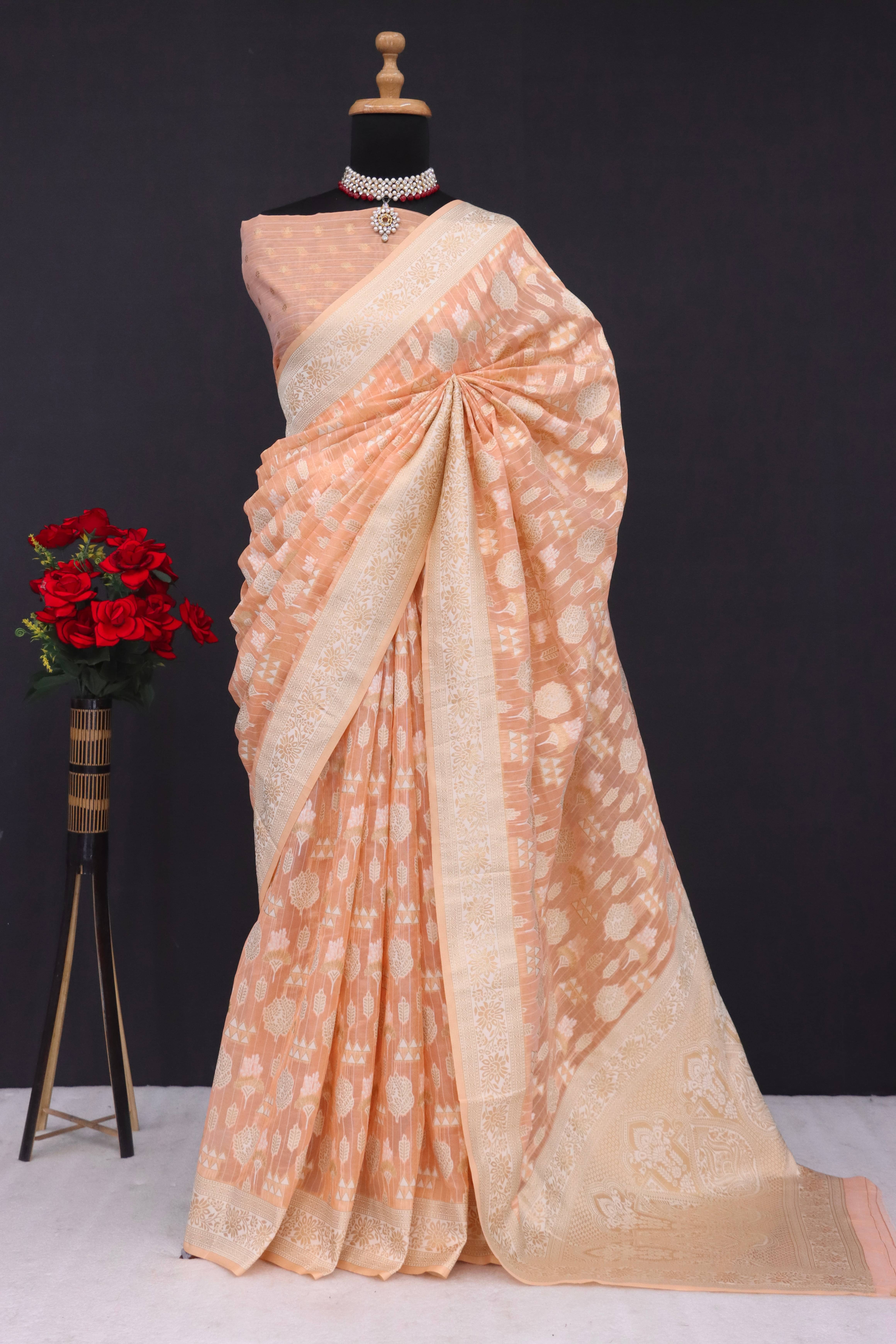     			SHIRODHARI Tissue Solid Saree With Unstitched Blouse Piece ( Peach )