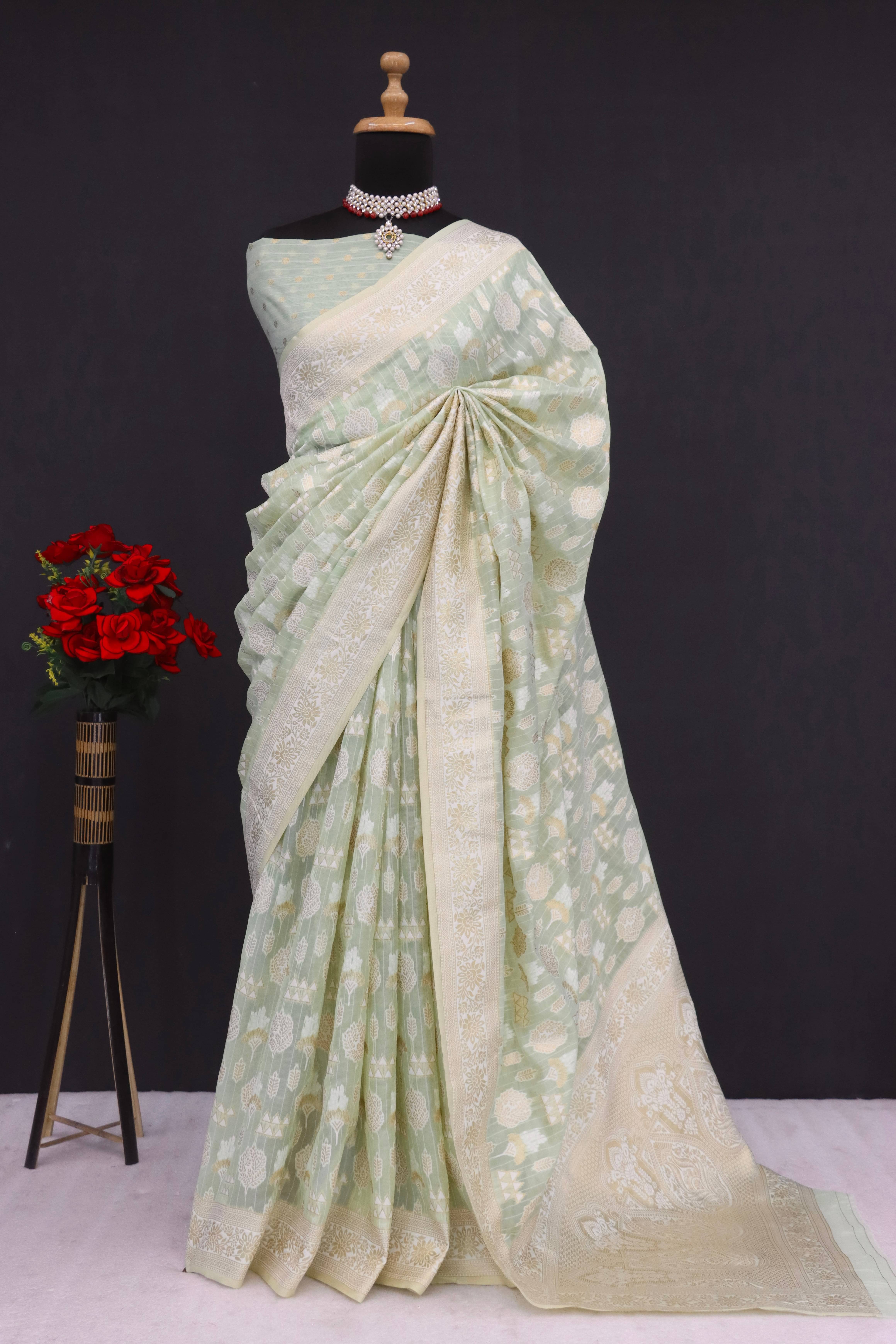 SHIRODHARI Tissue Solid Saree With Unstitched Blouse Piece ( Light Green ) SHIRODHARI Tissue Solid Saree With Unstitched Blouse Piece ( Light Green )