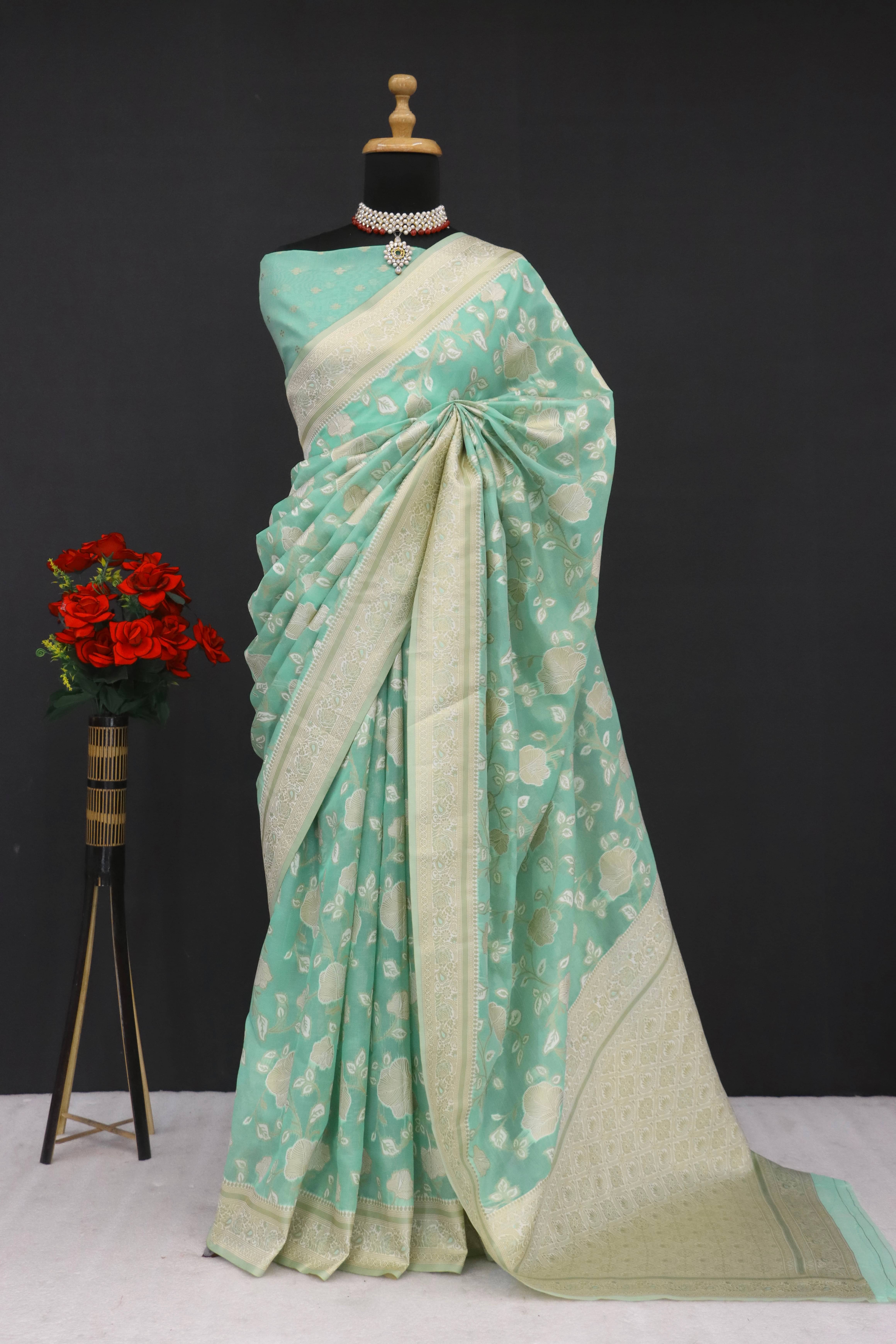 SHIRODHARI Tissue Solid Saree With Unstitched Blouse Piece ( Sea Green ) SHIRODHARI Tissue Solid Saree With Unstitched Blouse Piece ( Sea Green )