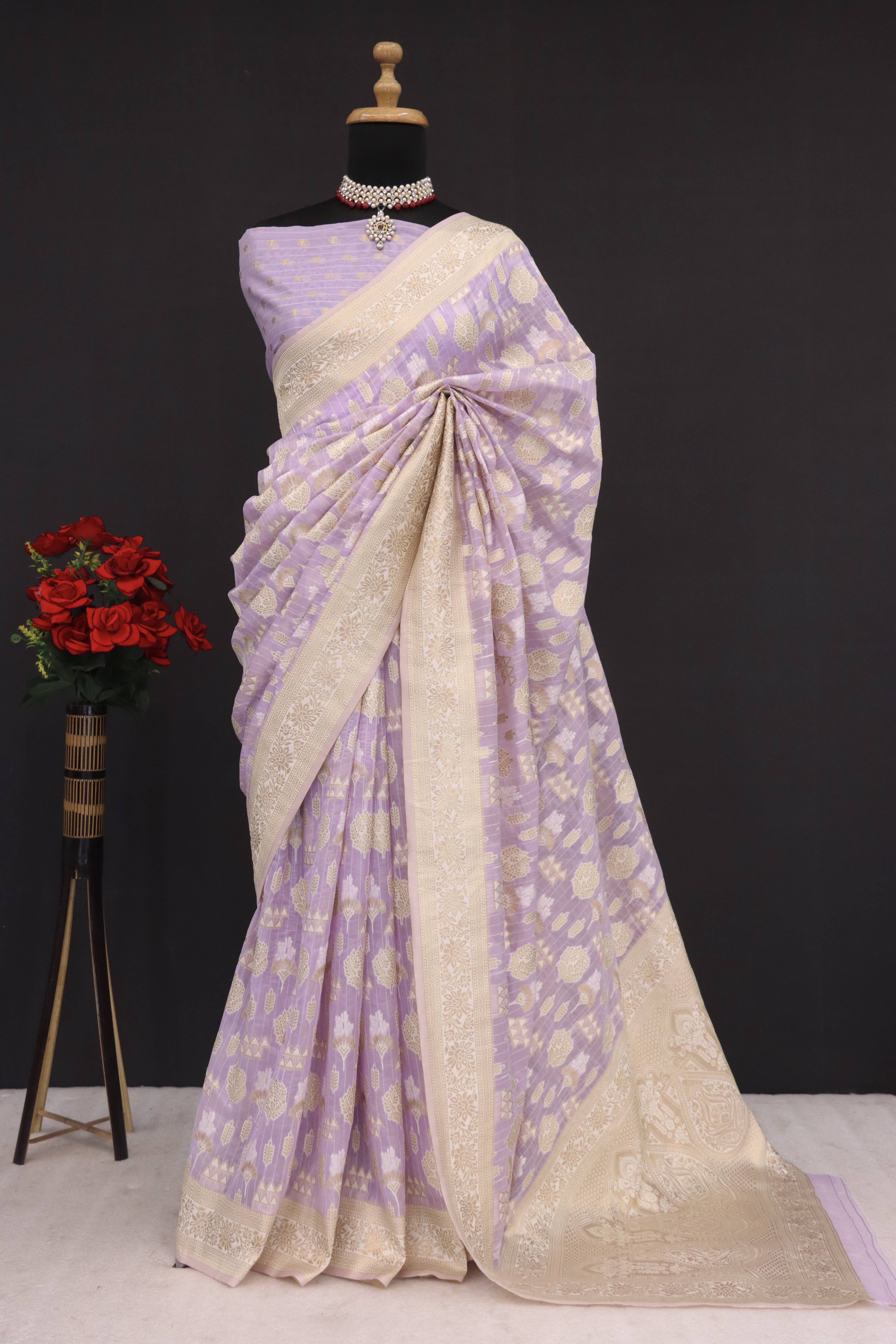 SHIRODHARI Tissue Solid Saree With Unstitched Blouse Piece ( Lavender ) SHIRODHARI Tissue Solid Saree With Unstitched Blouse Piece ( Lavender )