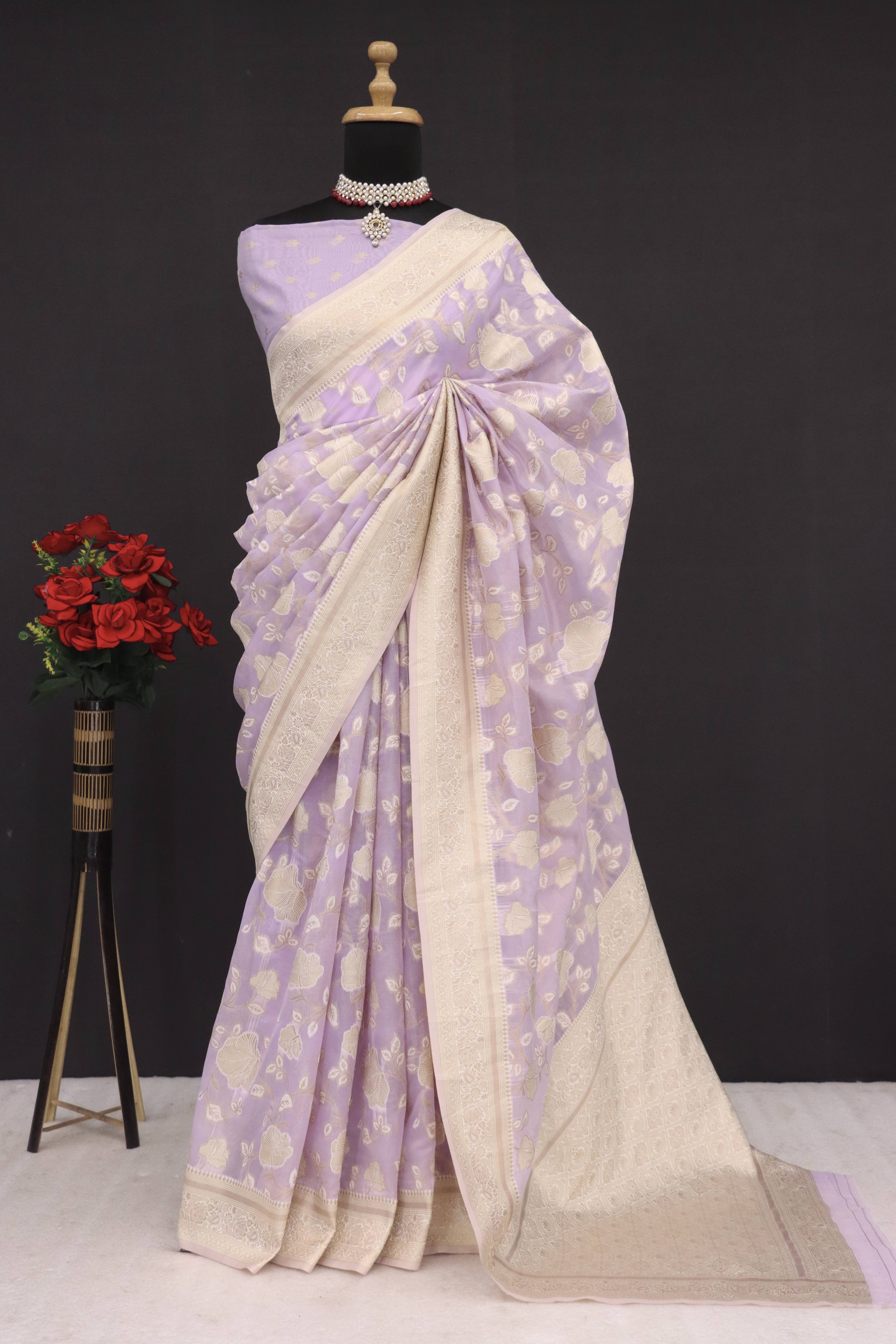 SHIRODHARI Tissue Solid Saree With Unstitched Blouse Piece ( Lavender ) SHIRODHARI Tissue Solid Saree With Unstitched Blouse Piece ( Lavender )