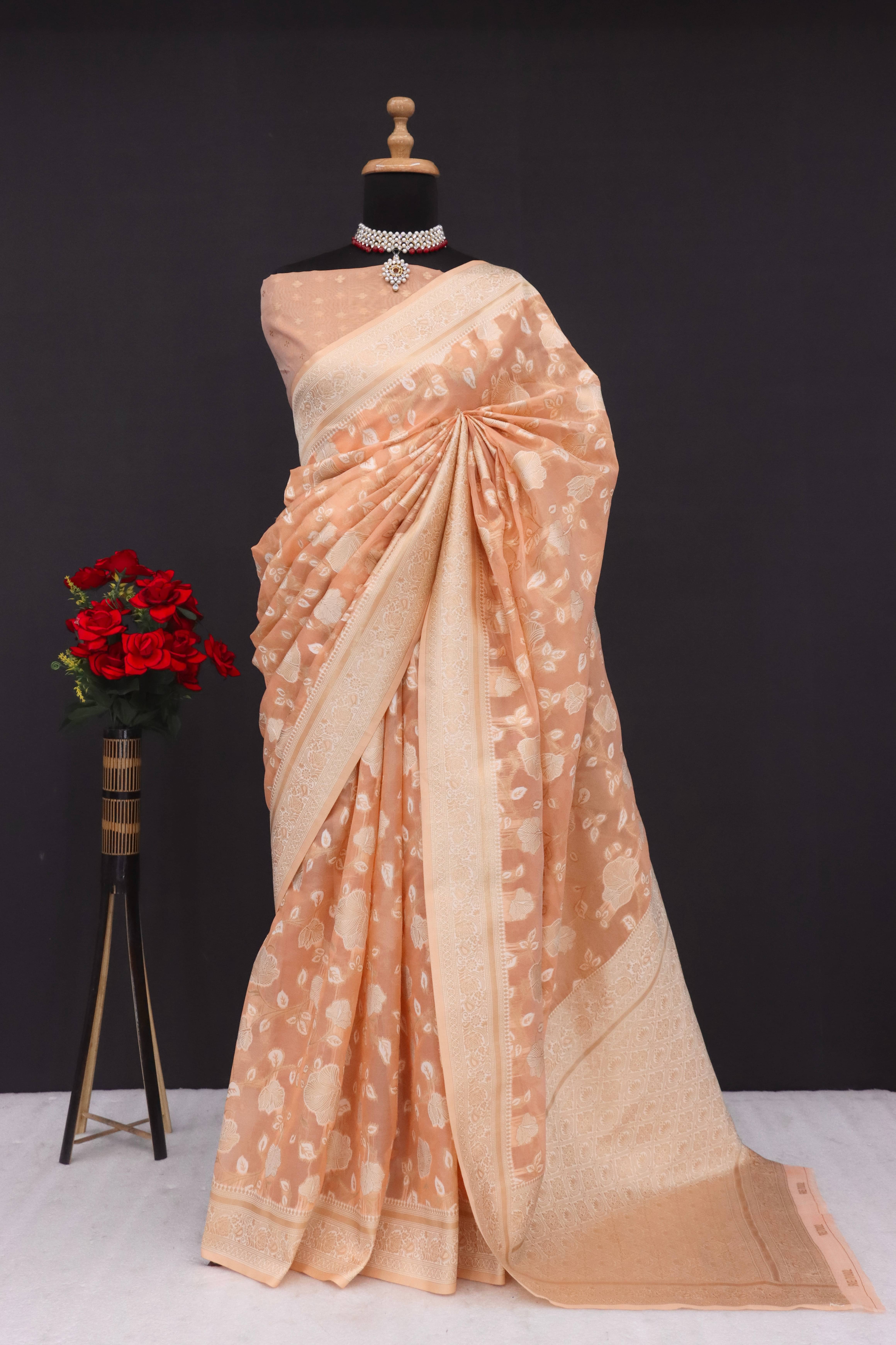 SHIRODHARI Tissue Solid Saree With Unstitched Blouse Piece ( Peach ) SHIRODHARI Tissue Solid Saree With Unstitched Blouse Piece ( Peach )