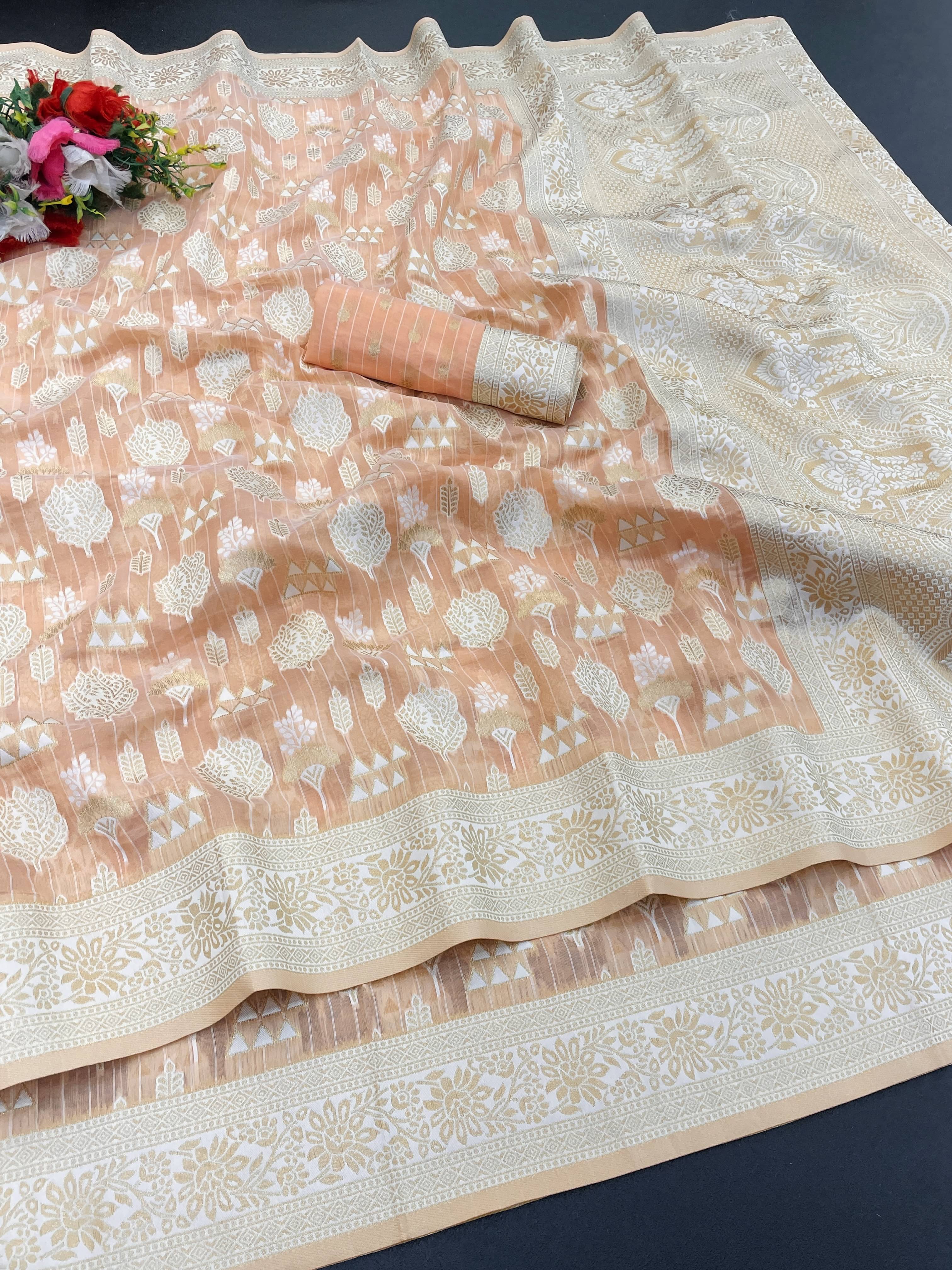     			SHIRODHARI Tissue Solid Saree With Unstitched Blouse Piece ( Peach )