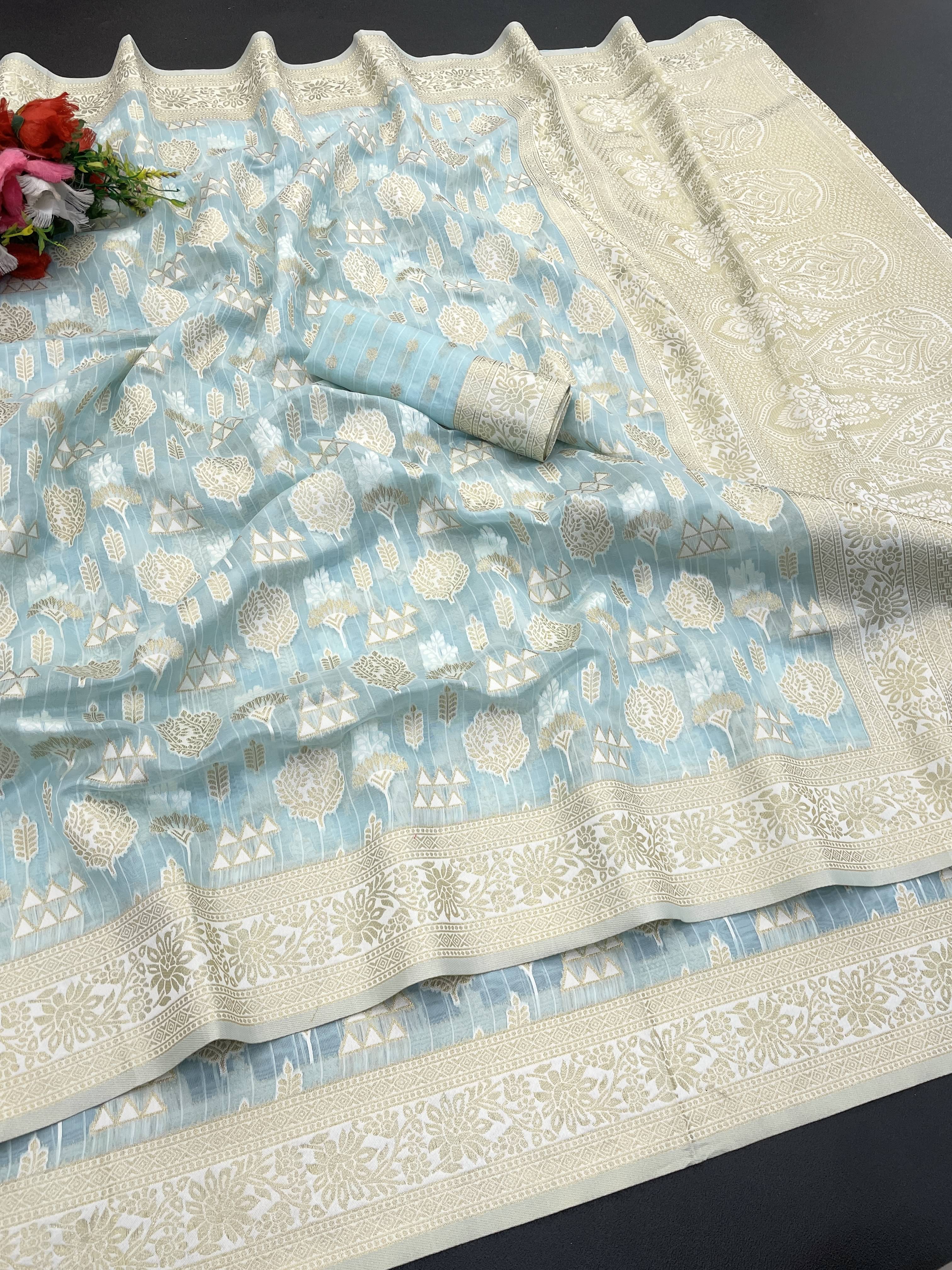     			SHIRODHARI Tissue Solid Saree With Unstitched Blouse Piece ( Sky Blue )