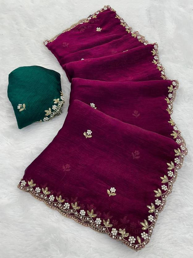 Sitanjali Chiffon Embellished Maheshwari Saree With Unstitched Blouse Piece ( Wine ) Sitanjali Chiffon Embellished Maheshwari Saree With Unstitched Blouse Piece ( Wine )