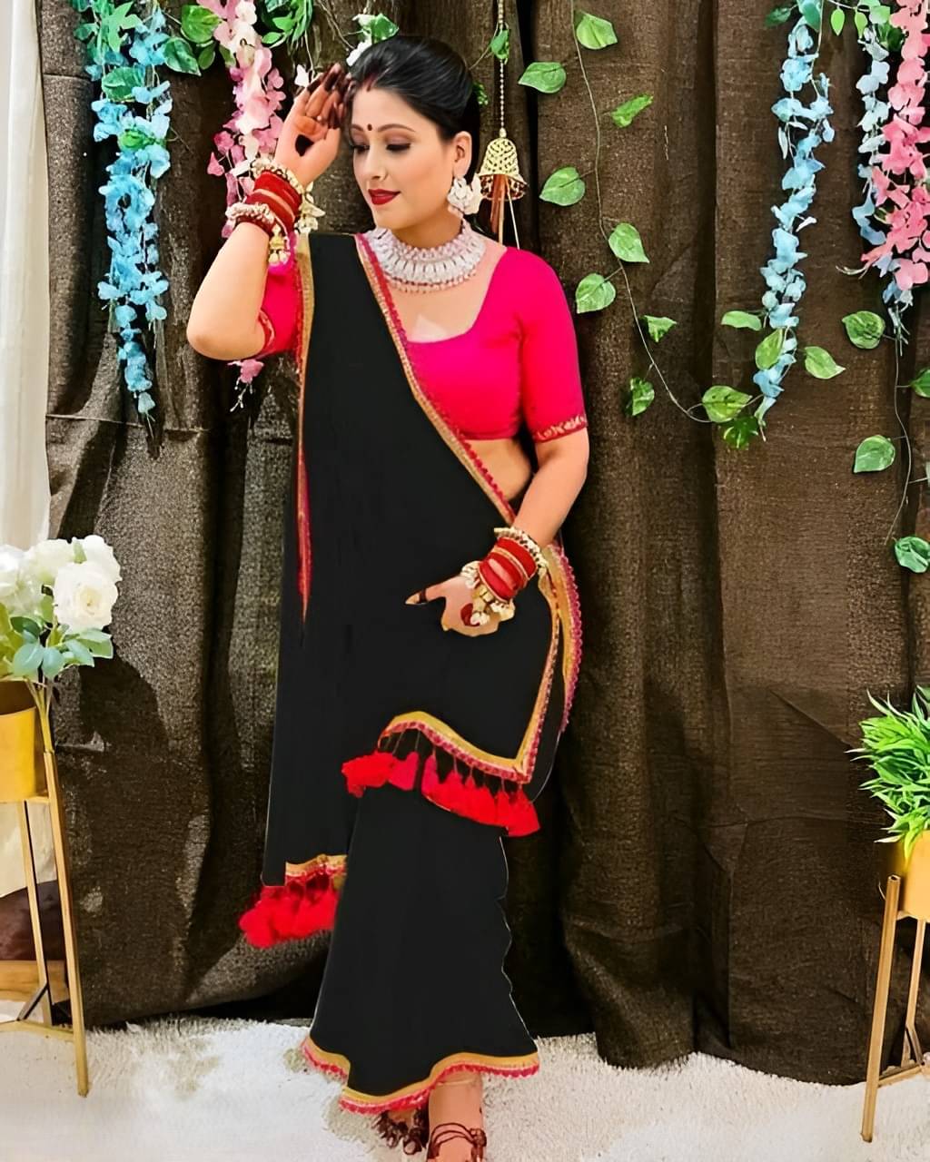 V FANCY Georgette Embroidered Kanjeevaram Sarees With Stitched Blouse ( Black ) V FANCY Georgette Embroidered Kanjeevaram Sarees With Stitched Blouse ( Black )