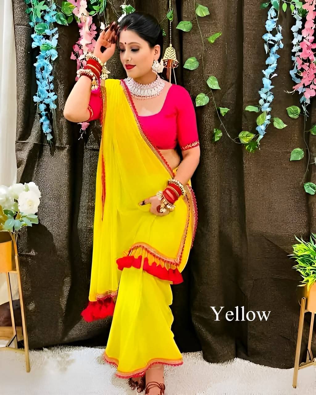     			V FANCY Georgette Embroidered Kanjeevaram Sarees With Stitched Blouse ( Yellow )