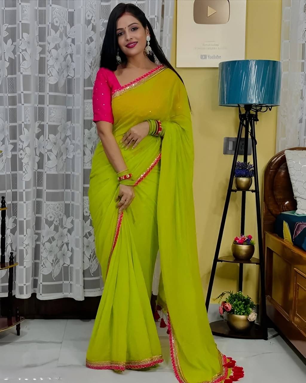 V FANCY Georgette Solid Kanjeevaram Sarees With Stitched Blouse ( Green ) V FANCY Georgette Solid Kanjeevaram Sarees With Stitched Blouse ( Green )