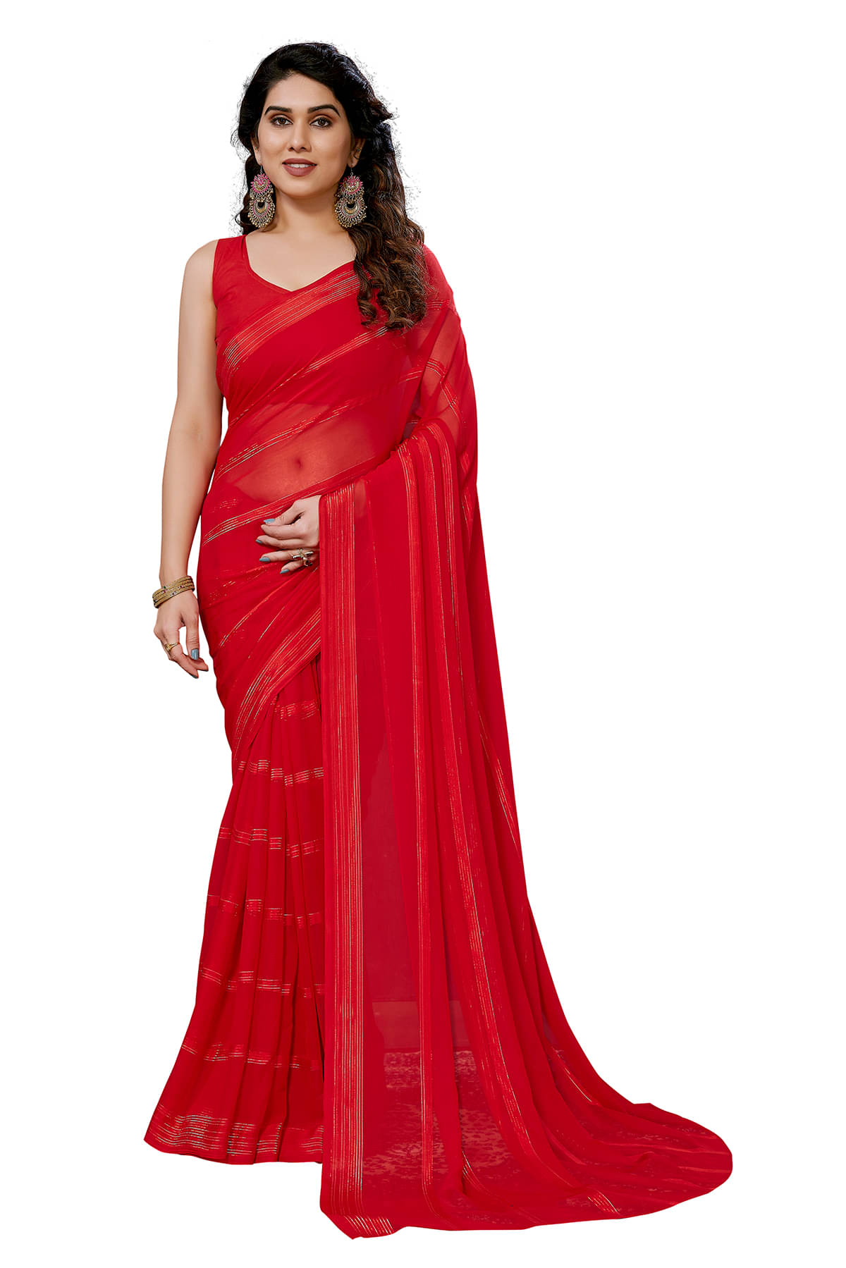 ANAND SAREES Satin Striped Ilkal Saree With Unstitched Blouse Piece ( Red ) ANAND SAREES Satin Striped Ilkal Saree With Unstitched Blouse Piece ( Red )