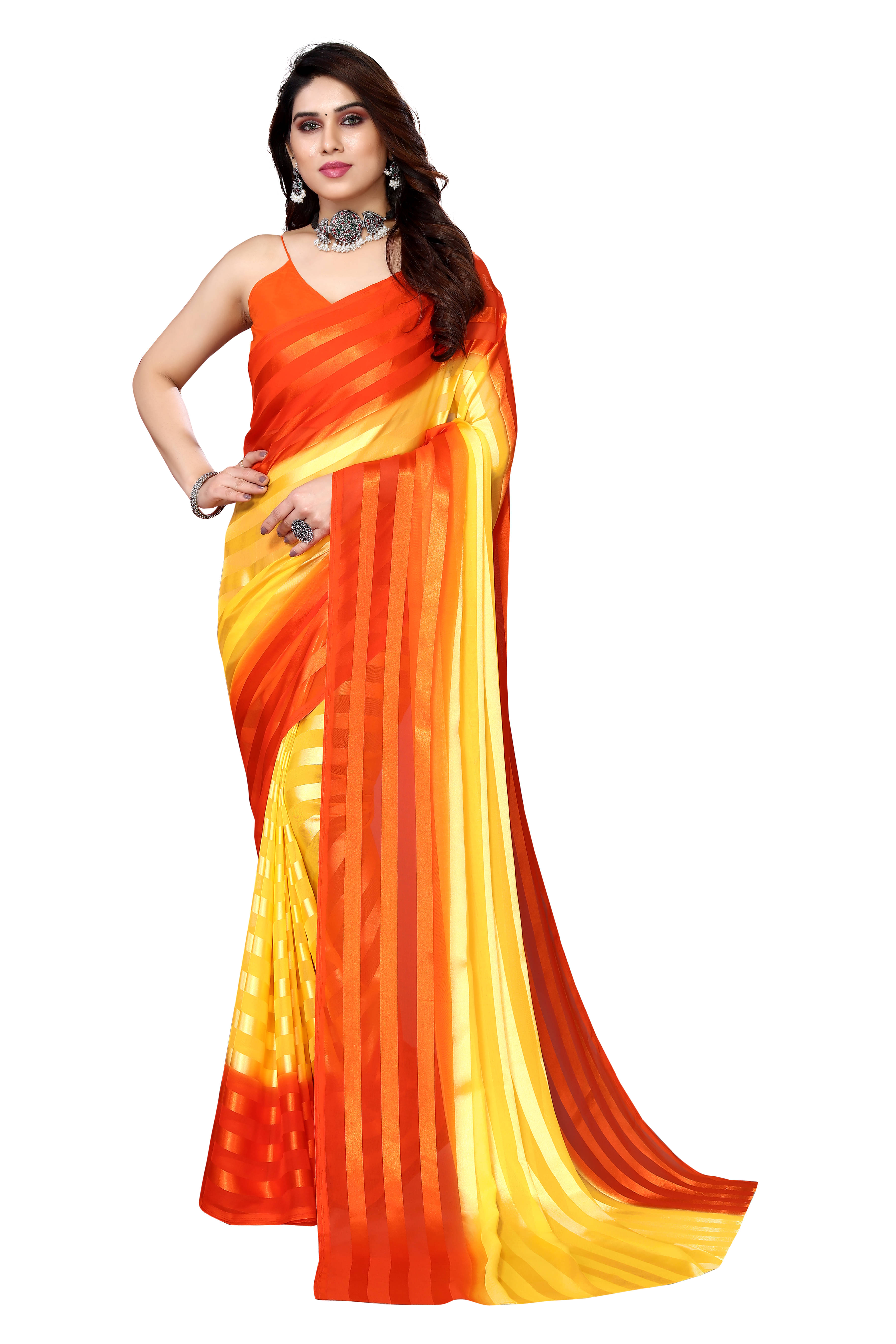 ANAND SAREES Satin Striped Ilkal Saree With Unstitched Blouse Piece ( Orange ) ANAND SAREES Satin Striped Ilkal Saree With Unstitched Blouse Piece ( Orange )