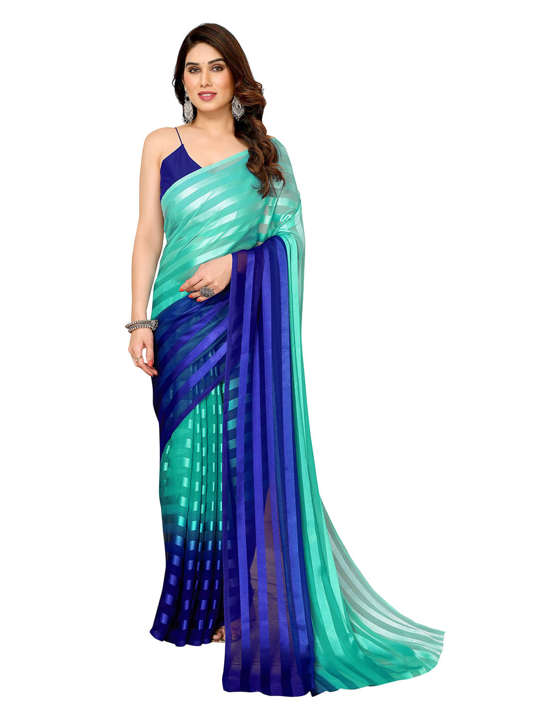 ANAND SAREES Satin Striped Ilkal Saree With Unstitched Blouse Piece ( Blue ) ANAND SAREES Satin Striped Ilkal Saree With Unstitched Blouse Piece ( Blue )
