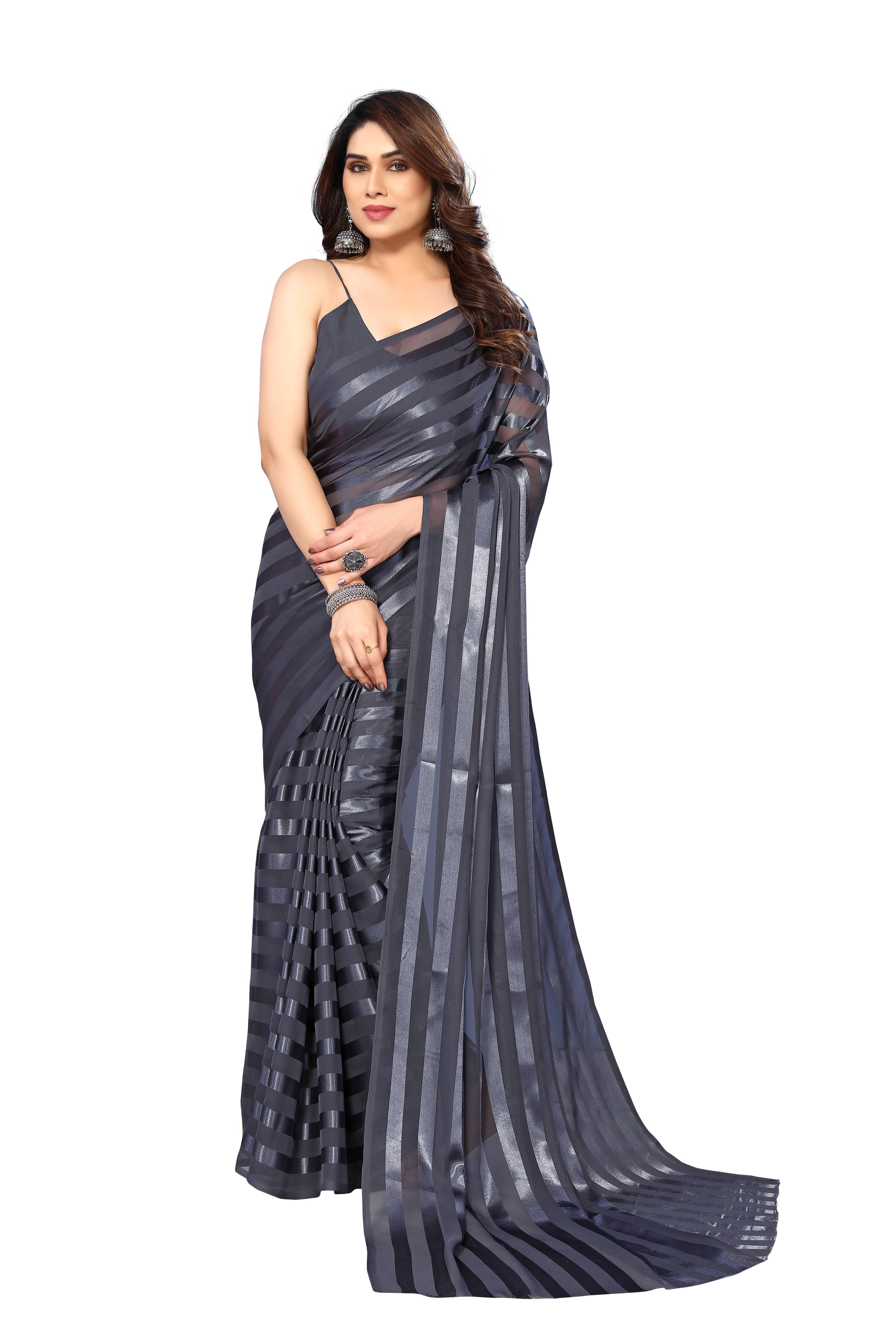 ANAND SAREES Satin Striped Ilkal Saree With Unstitched Blouse Piece ( Grey ) ANAND SAREES Satin Striped Ilkal Saree With Unstitched Blouse Piece ( Grey )