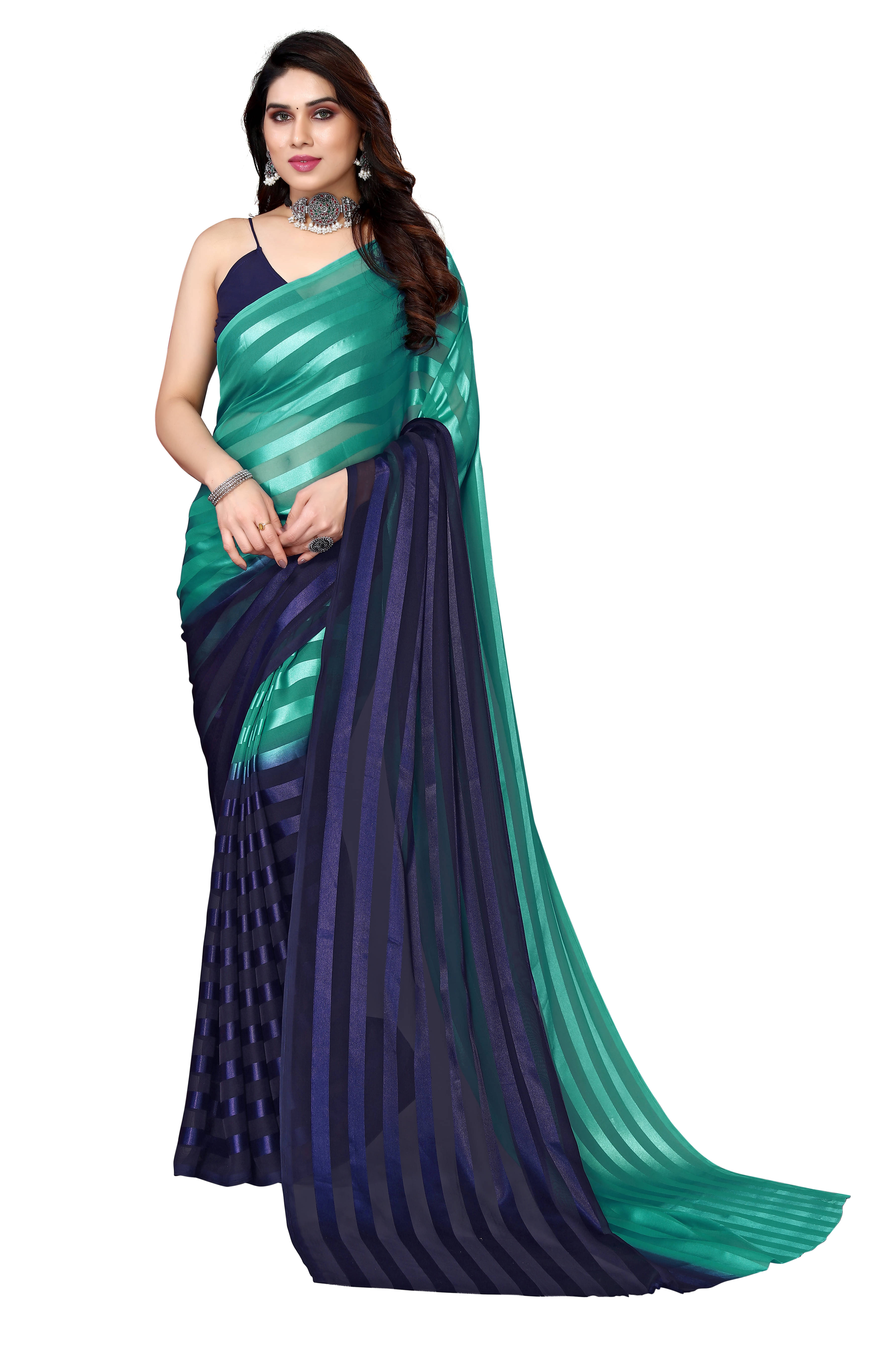     			ANAND SAREES Satin Striped Ilkal Saree With Unstitched Blouse Piece ( Rama )