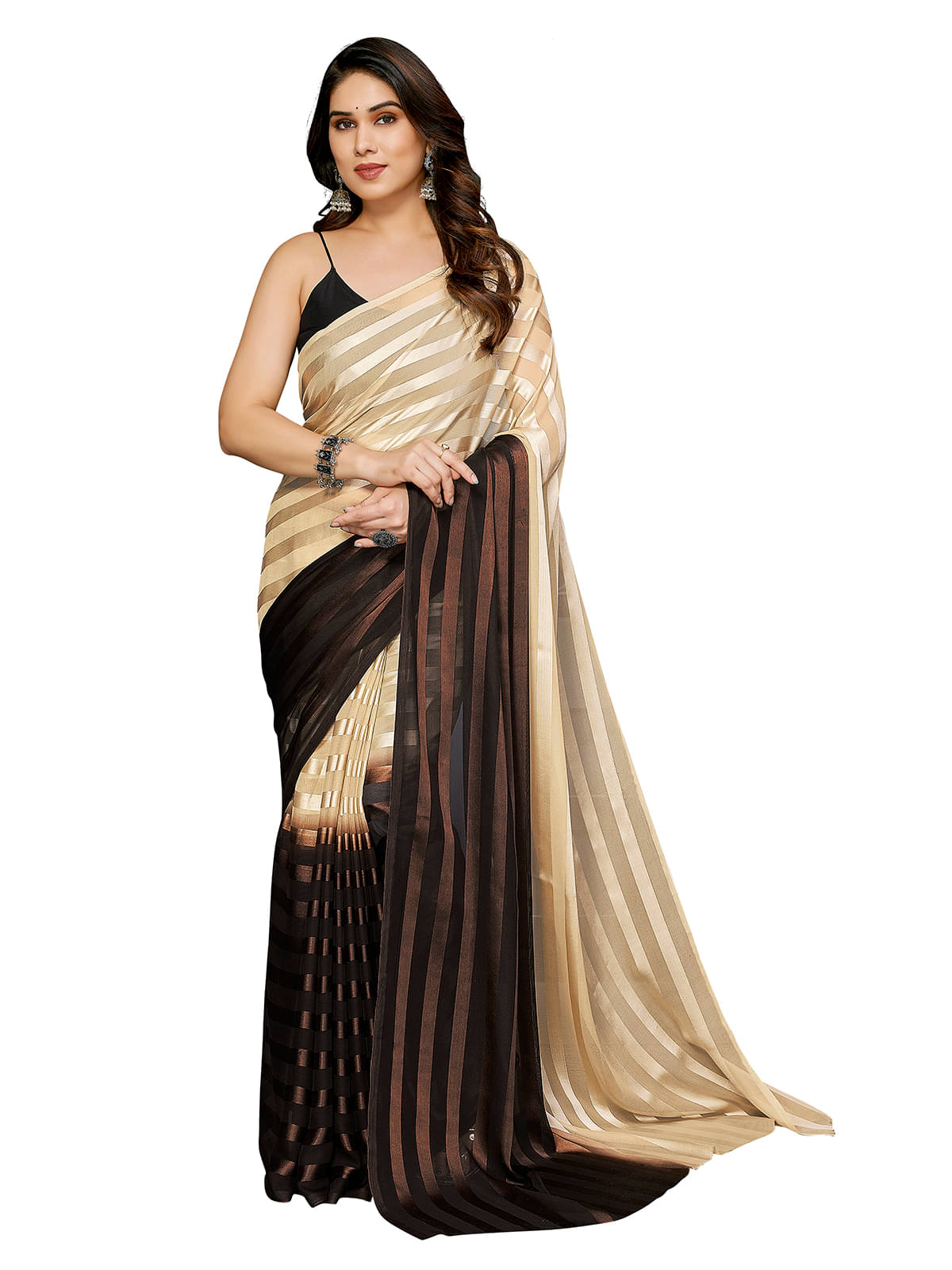     			ANAND SAREES Satin Striped Ilkal Saree With Unstitched Blouse Piece ( Brown )